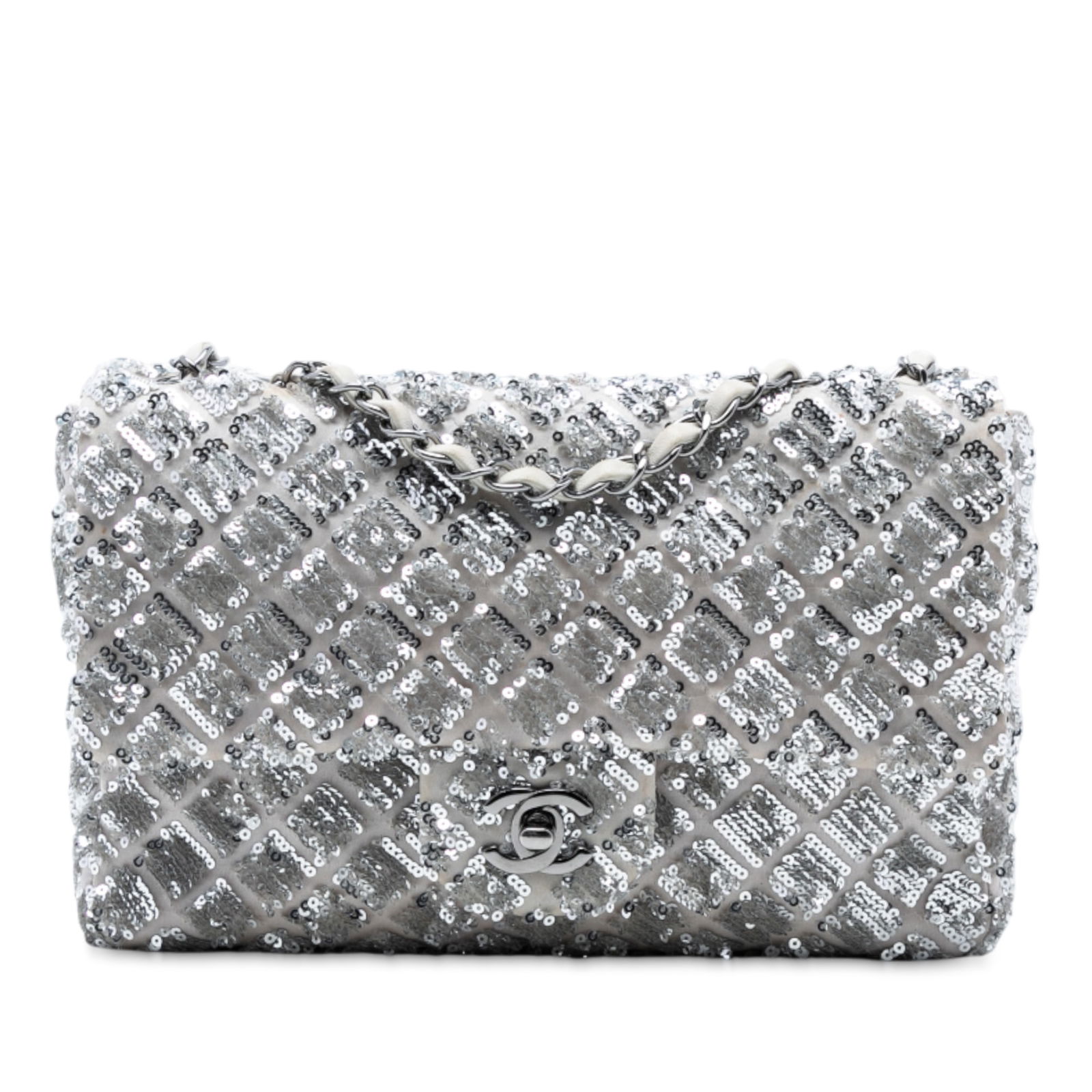 Chanel Medium Classic Silver Satin Shoulder Bag with Sequin Flap (1 of 7)