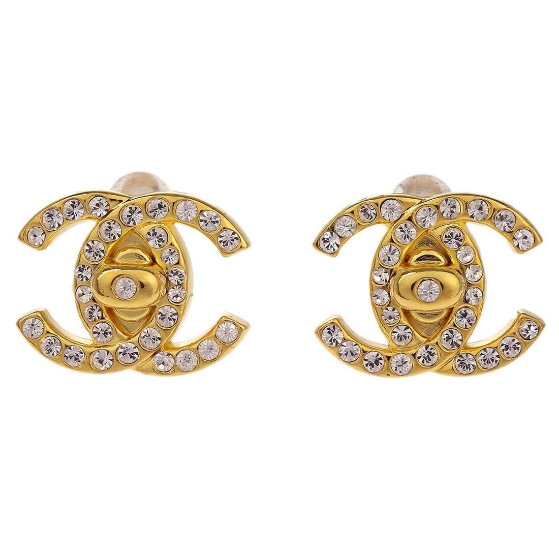 Chanel CC Turnlock Clip-On Earrings Gold Plated with Rhinestones (1 of 4)
