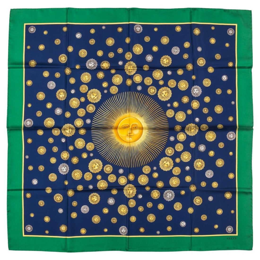Gucci 34x34 Sun Silk Scarf Blue Green Pattern Made in Italy: Gucci 34x34 Sun Silk Scarf Blue Green Pattern Made in Italy Elevate your accessory collection with this exquisite Gucci Sun Silk Scarf. Crafted in Italy, this luxurious silk scarf features a vibrant b
