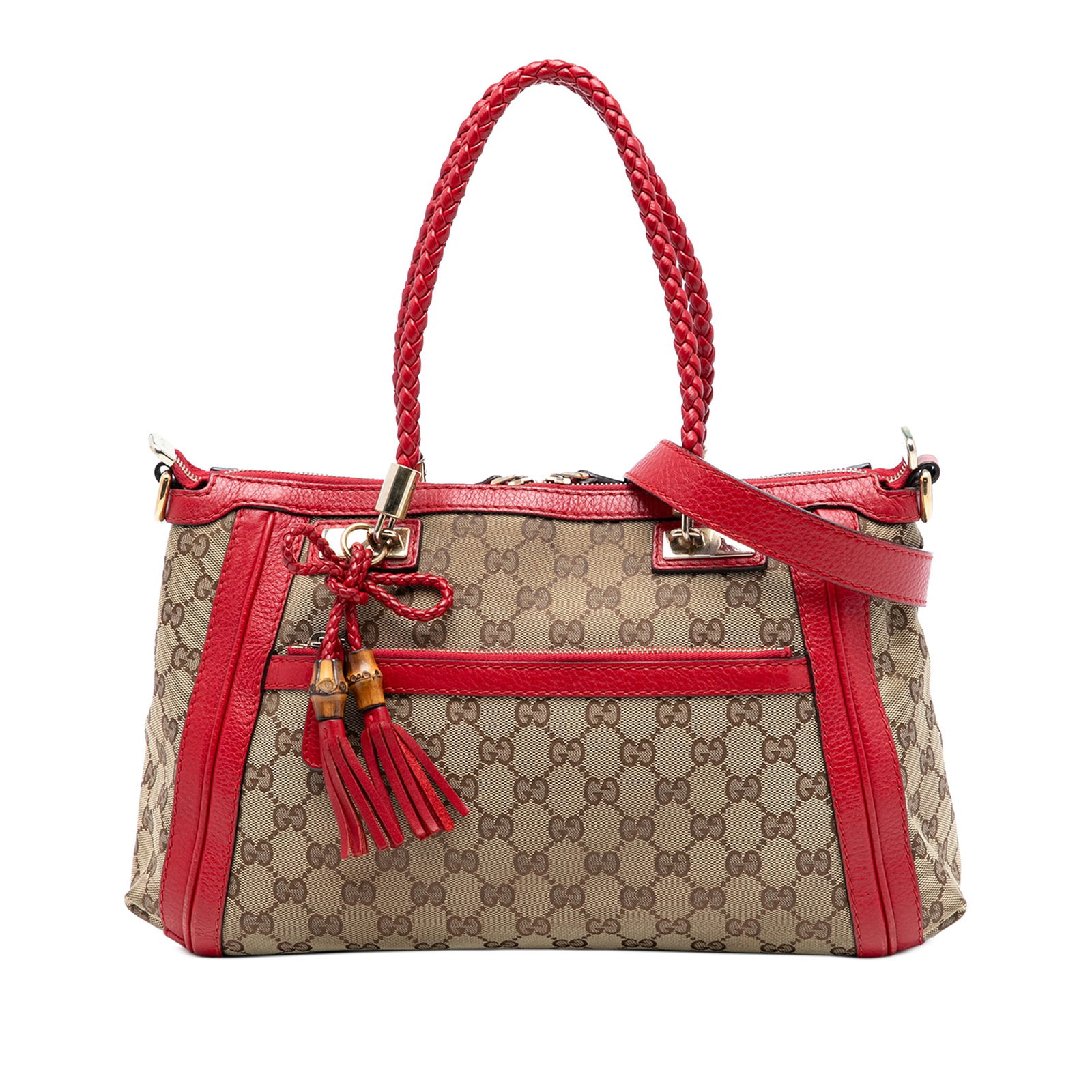 Gucci Bella Satchel Bag with GG Canvas and Braided Leather Handles: Gucci Bella Satchel Bag with GG Canvas and Braided Leather Handles This Gucci GG Canvas Bella Satchel features a durable canvas body with leather trim, accented by a tassel and braided leather handles