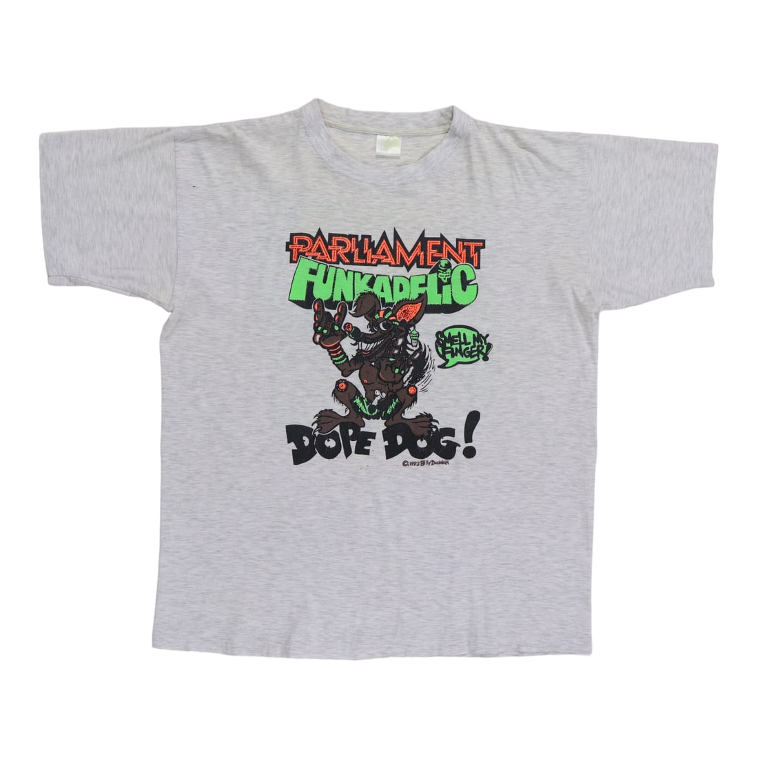 Vintage 1993 Smell My Finger Parliament Funkadelic Gray Cotton T-Shirt: Vintage 1993 Smell My Finger Parliament Funkadelic Gray Cotton T-Shirt This is an original vintage 1993 Parliament Funkadelic "Smell My Finger" shirt featuring both front and back graphics. The shirt