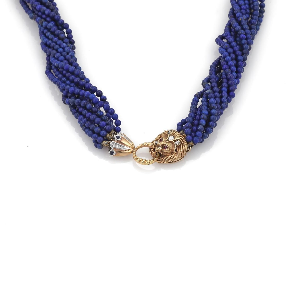 Vintage 14k Gold Lion Clasp Necklace with Lapis Ruby Sapphire Beads: Vintage 14k Gold Lion Clasp Necklace with Lapis Ruby Sapphire Beads Discover a stunning vintage necklace featuring 10 strands of exquisite lapis beads intricately arranged in a twisted cluster design.