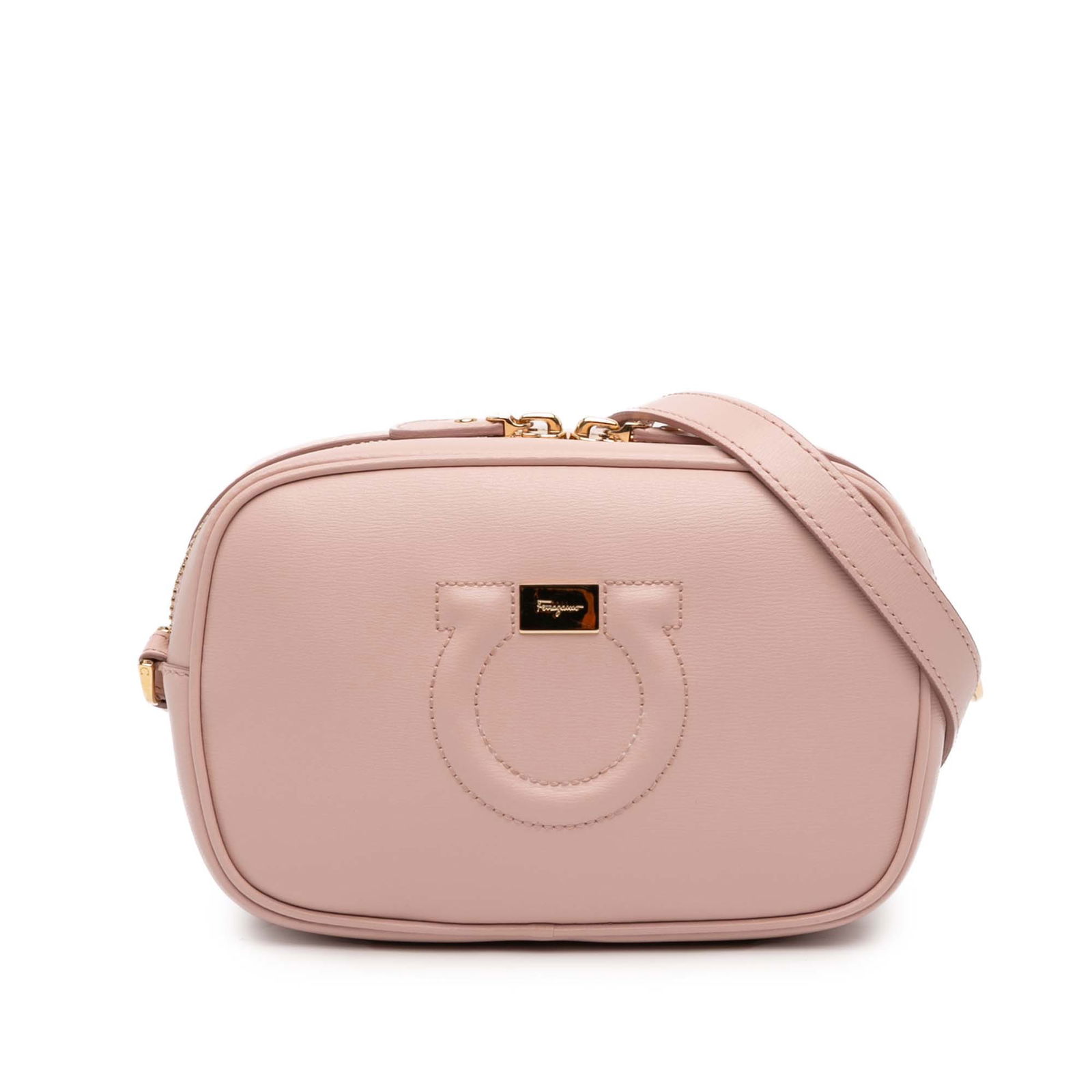 Pink Leather Gancini Crossbody Camera Bag by Ferragamo: Pink Leather Gancini Crossbody Camera Bag by Ferragamo This Ferragamo Leather Gancini Camera Bag is crafted in pink leather and designed with an adjustable flat leather strap, a top zip closure, and a