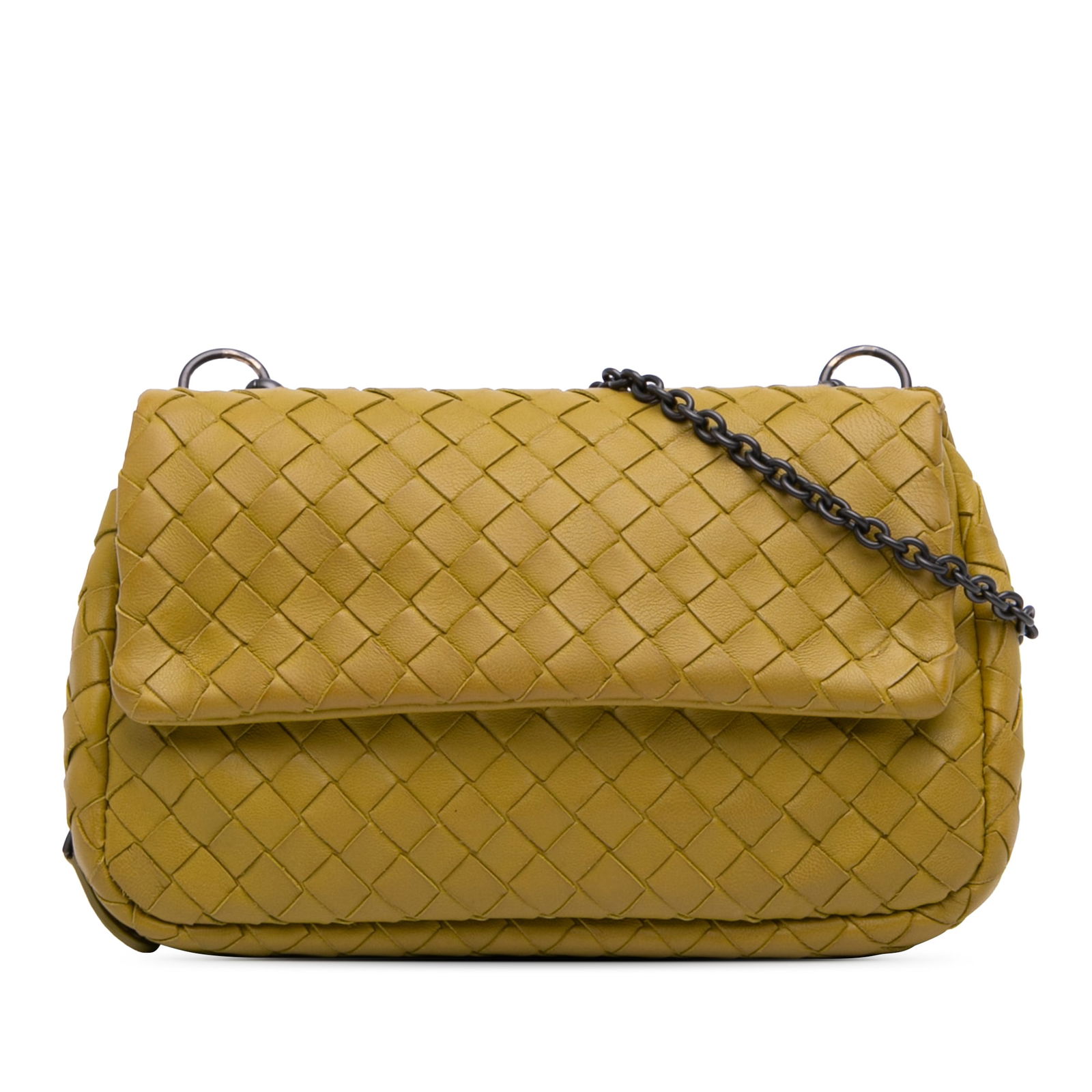 Bottega Veneta Mini Nappa Intrecciato Yellow Leather Chain Flap Crossbody: Bottega Veneta Mini Nappa Intrecciato Yellow Leather Chain Flap Crossbody Elevate your style with the Bottega Veneta Mini Nappa Intrecciato Expandable Chain Flap Crossbody bag, crafted in luxurious wo