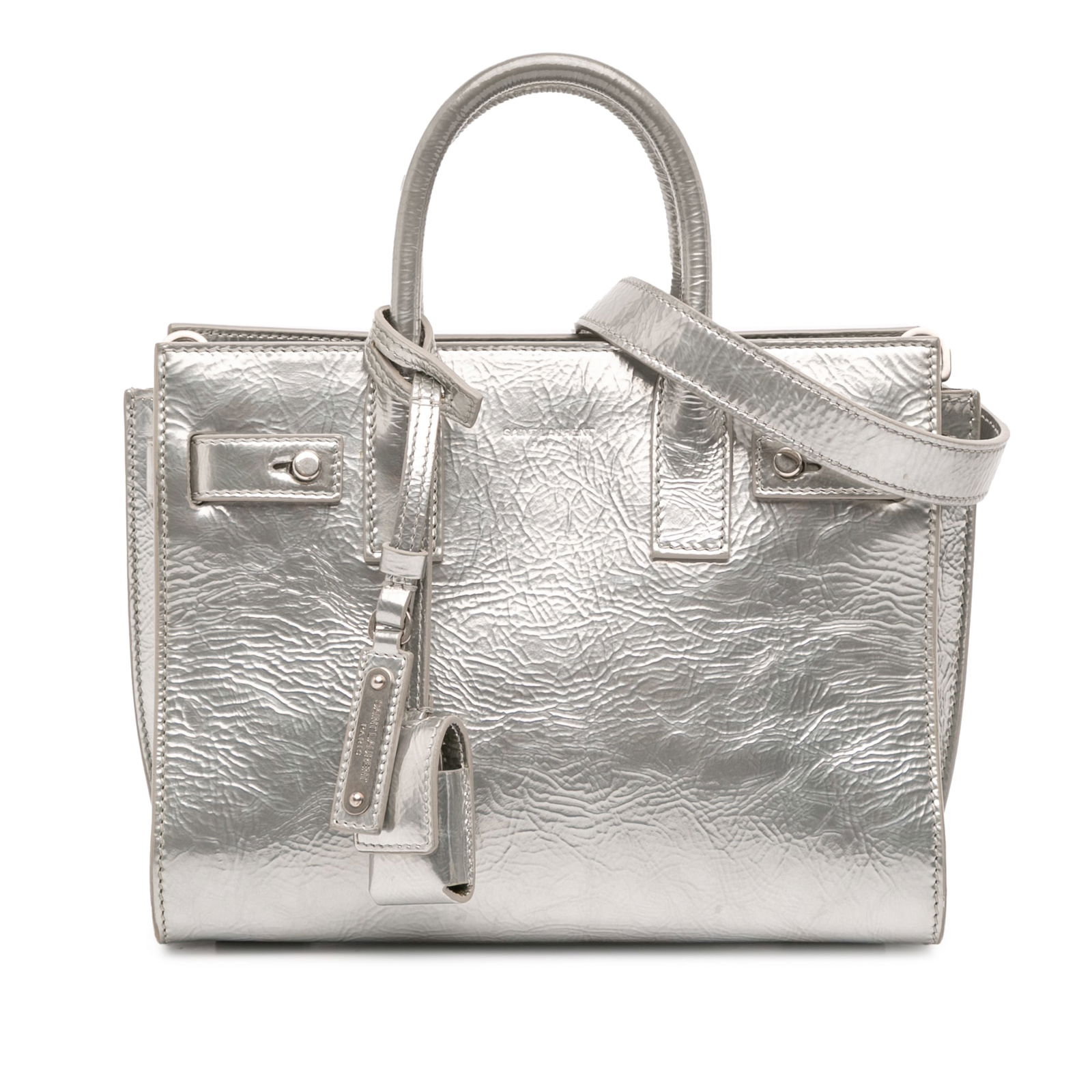 Saint Laurent Nano Metallic Crinkled Leather Sac De Jour Satchel Silver (1 of 10)