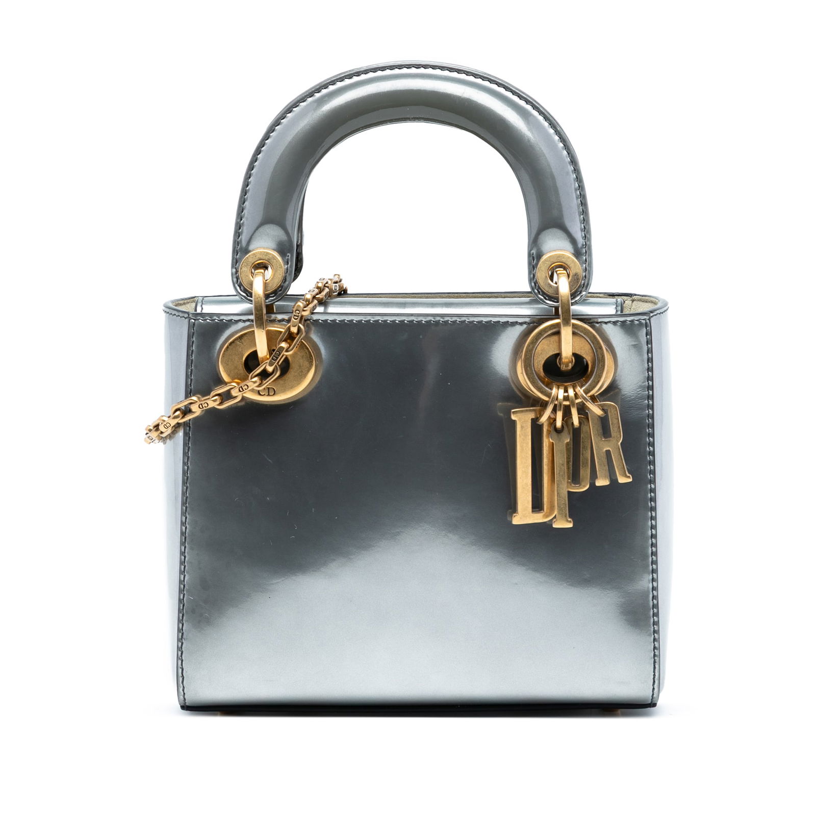 Dior Mini Metallic Patent Lady Dior Silver Bag: Dior Mini Metallic Patent Lady Dior Silver Bag The Mini Metallic Patent Lady Dior is a stylish and elegant handbag crafted from metallic patent leather. This exquisite bag features flat leather top ha