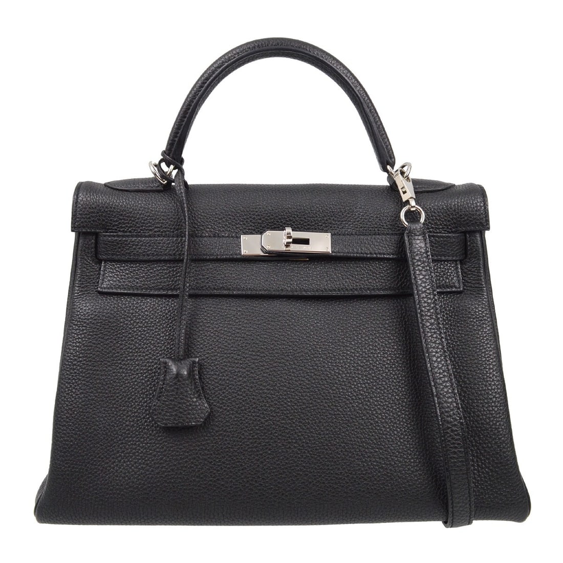 Hermes Black Togo Kelly 32 2way Handbag with Silver Hardware: Hermes Black Togo Kelly 32 2way Handbag with Silver Hardware Introducing the elegant Hermes Black Togo Kelly 32 Retourne 2-way Handbag, a perfect blend of style and functionality. This medium-sized sa