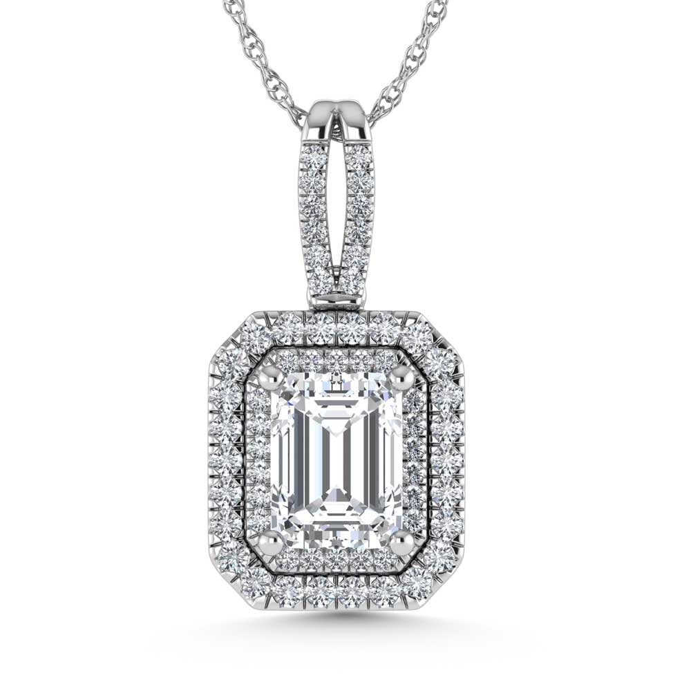 14K White Gold Lab Grown Diamond 3 3/4 Ct.Tw. Emerald Shape Fashion Pendant (Emerald Center 3 ct): 14K White Gold Lab Grown Diamond 3 3/4 Ct.Tw. Emerald Shape Fashion Pendant (Emerald Center 3 ct) This luxurious fashion pendant showcases a 3 CT emerald-shaped lab-grown diamond center with a total w