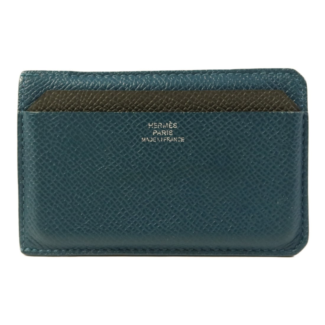 HERMES Epsom Leather Card Case in Vert Cypres Green: HERMES Epsom Leather Card Case in Vert Cypres Green This elegant card case from HERMES is crafted from high-quality Epsom leather, showcasing a rich green color that embodies sophistication. Designed