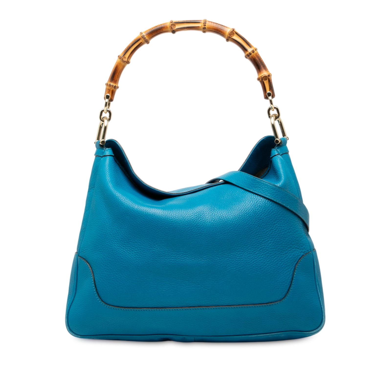 Gucci Diana Bamboo Handle Blue Leather Satchel with Detachable Strap: Gucci Diana Bamboo Handle Blue Leather Satchel with Detachable Strap This satchel features a blue leather body with a bamboo handle and a detachable flat leather strap. It has an open top design with