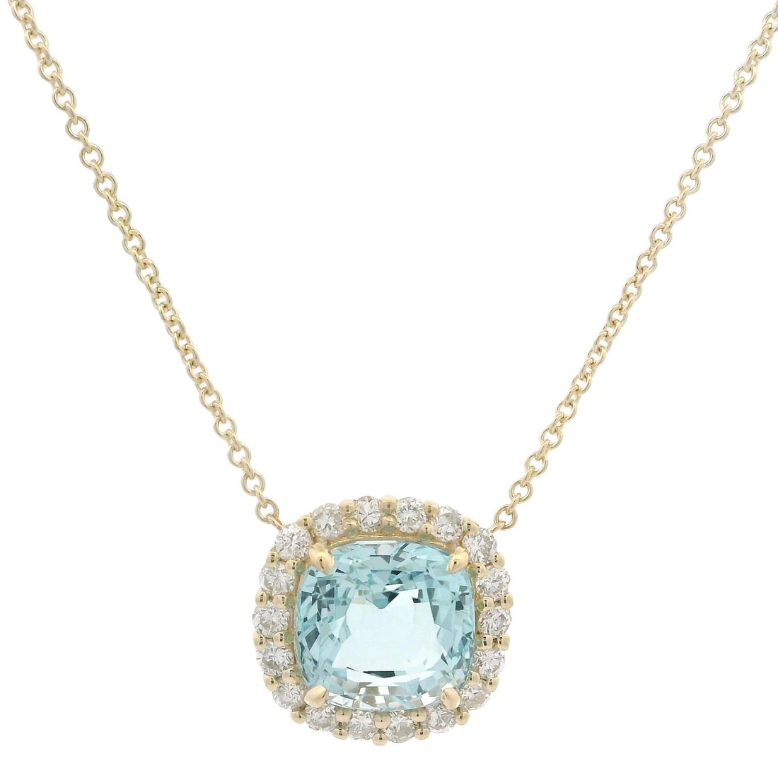New 4.70ctw Cushion Aquamarine Diamond Halo Pendant Necklace in Yellow Gold: New 4.70ctw Cushion Aquamarine Diamond Halo Pendant Necklace in Yellow Gold This exquisite pendant necklace features a stunning cushion-cut aquamarine gemstone, weighing 4.10ct, set in a vibrant yello