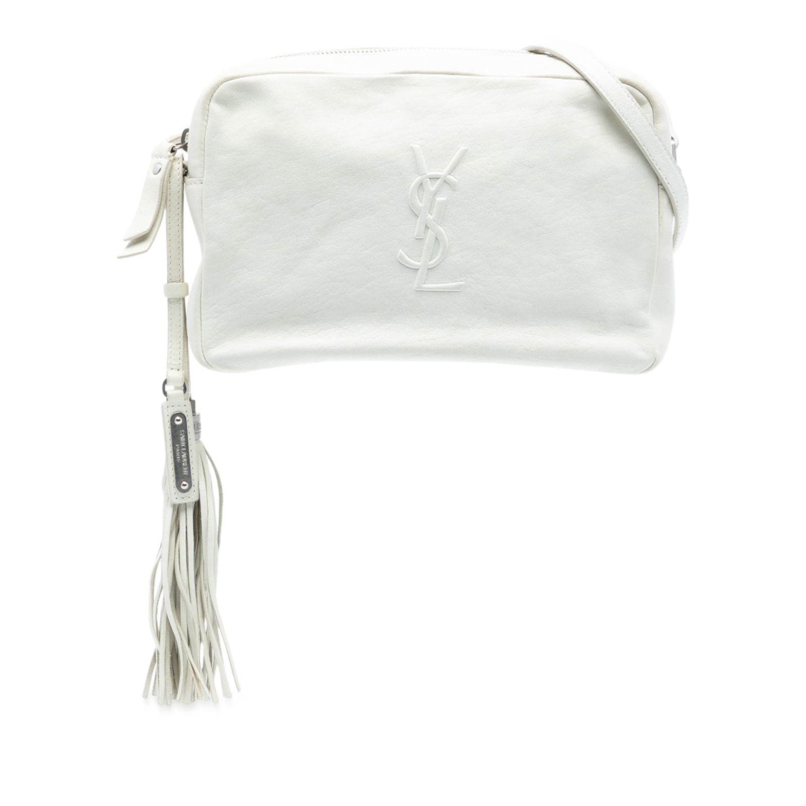Saint Laurent Lou Small White Leather Camera Bag with Tassel: Saint Laurent Lou Small White Leather Camera Bag with Tassel This Saint Laurent Small Lambskin Monogram Lou Camera Bag features a white leather body, a decorative tassel, and an adjustable flat leathe