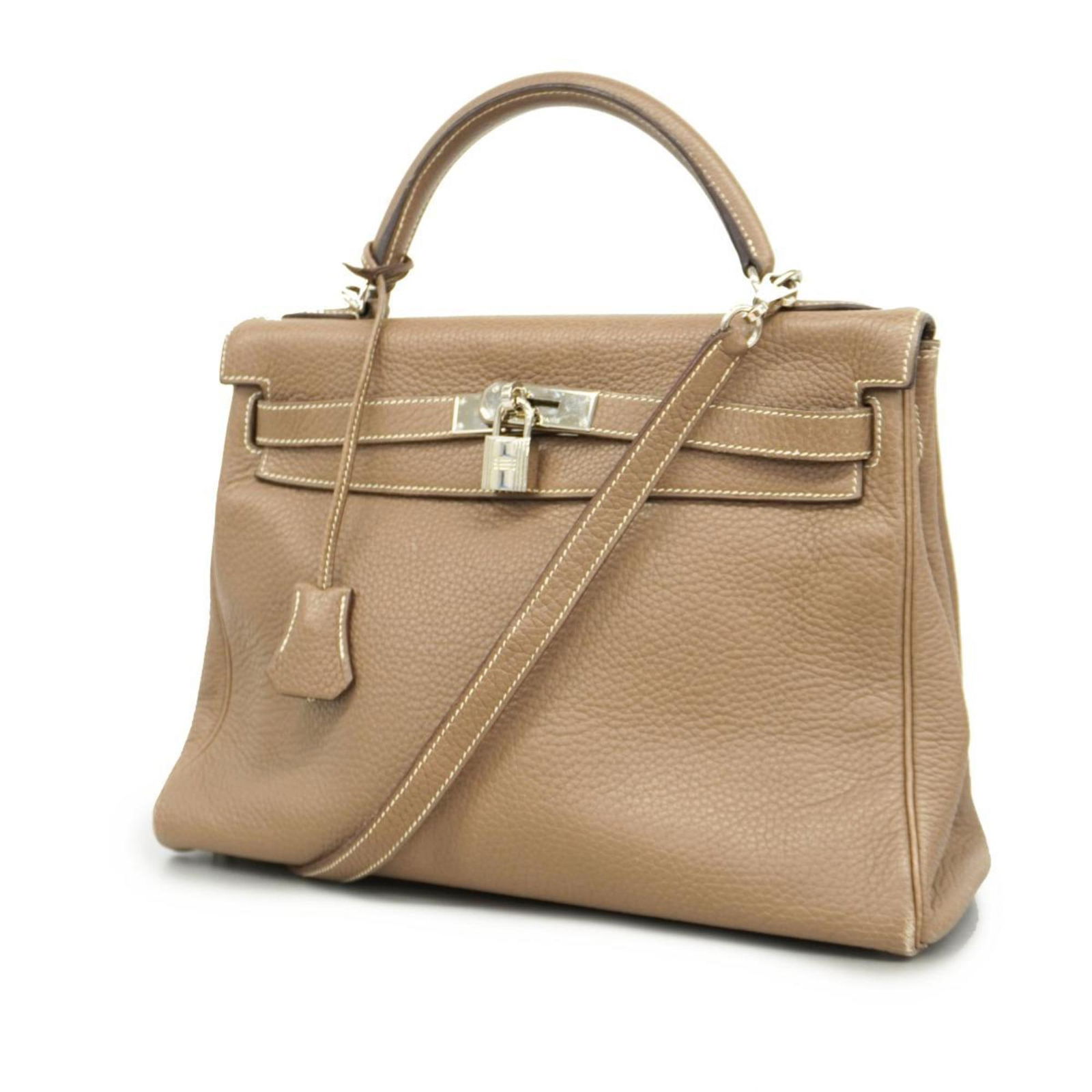 Beige Leather Hermes Kelly 32 Handbag with Silver Hardware (1 of 18)