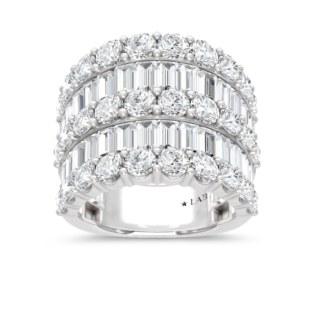 14K White Gold Lab Grown Diamond 8 Ct.Tw. Round and Baguette Fashion Ring: 14K White Gold Lab Grown Diamond 8 Ct.Tw. Round and Baguette Fashion Ring A breathtaking 14K White Gold fashion ring, showcasing round and baguette lab grown diamonds totaling 8 Ct.Tw., designed for m