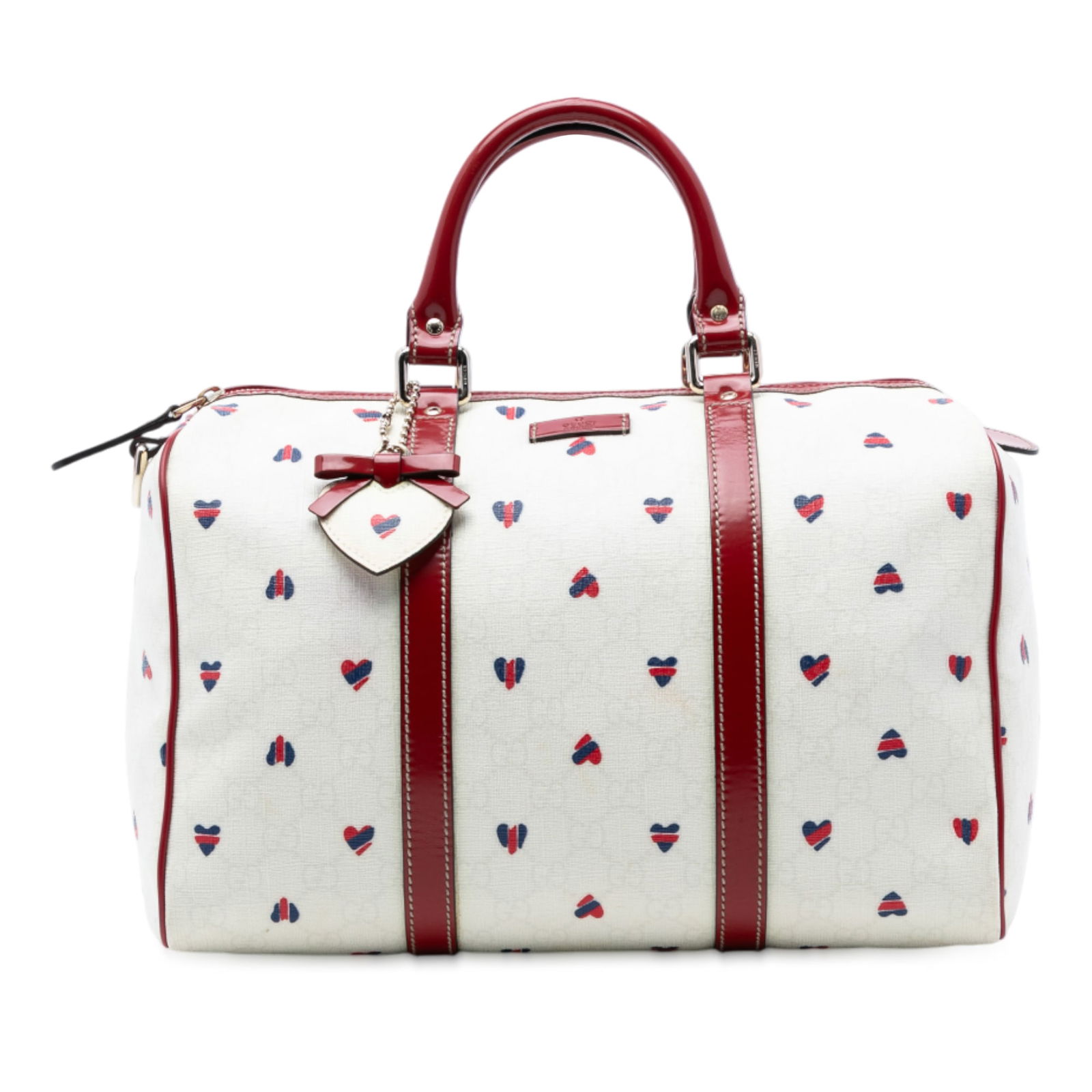 Gucci Hearts Joy Boston Bag Medium GG Supreme Canvas with Leather Trim: Gucci Hearts Joy Boston Bag Medium GG Supreme Canvas with Leather Trim This Gucci Medium GG Supreme Hearts Joy Boston Bag features a printed coated canvas body with leather trim, rolled leather handle