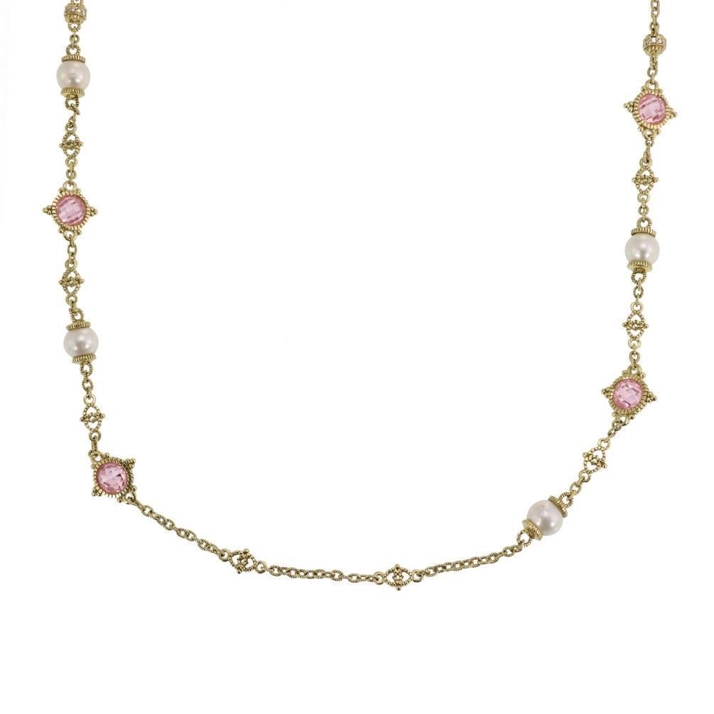 Judith Ripka Long Necklace 18k Yellow Gold Diamonds Pink Crystals Pearls (1 of 5)
