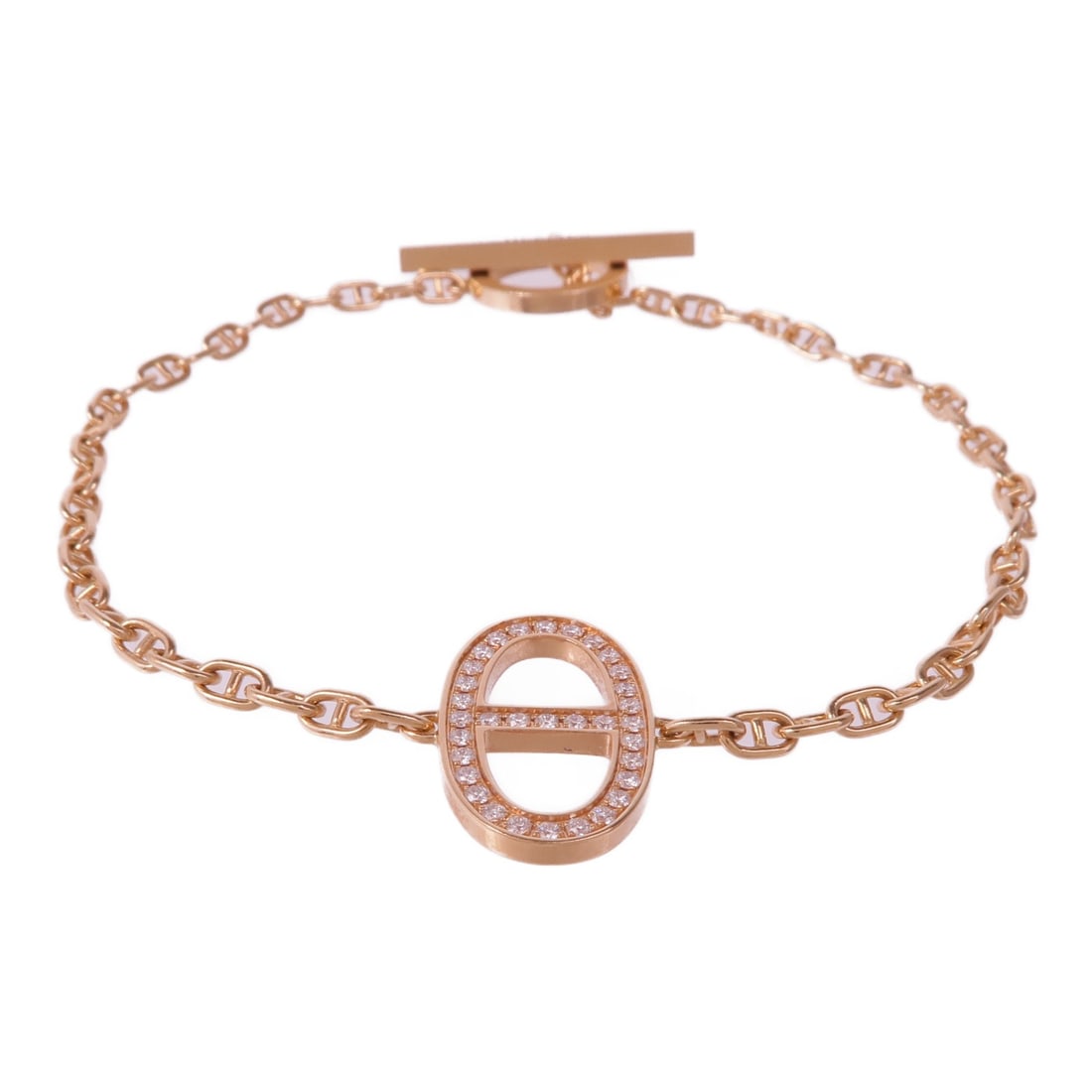 HERMES Chaine d'ancre Contour Bracelet 18K Pink Gold with Diamonds: HERMES Chaine d'ancre Contour Bracelet 18K Pink Gold with Diamonds This exquisite HERMES Chaine d'ancre Contour Bracelet is crafted from 18K pink gold (K18PG) and features a stunning diamond centerpie