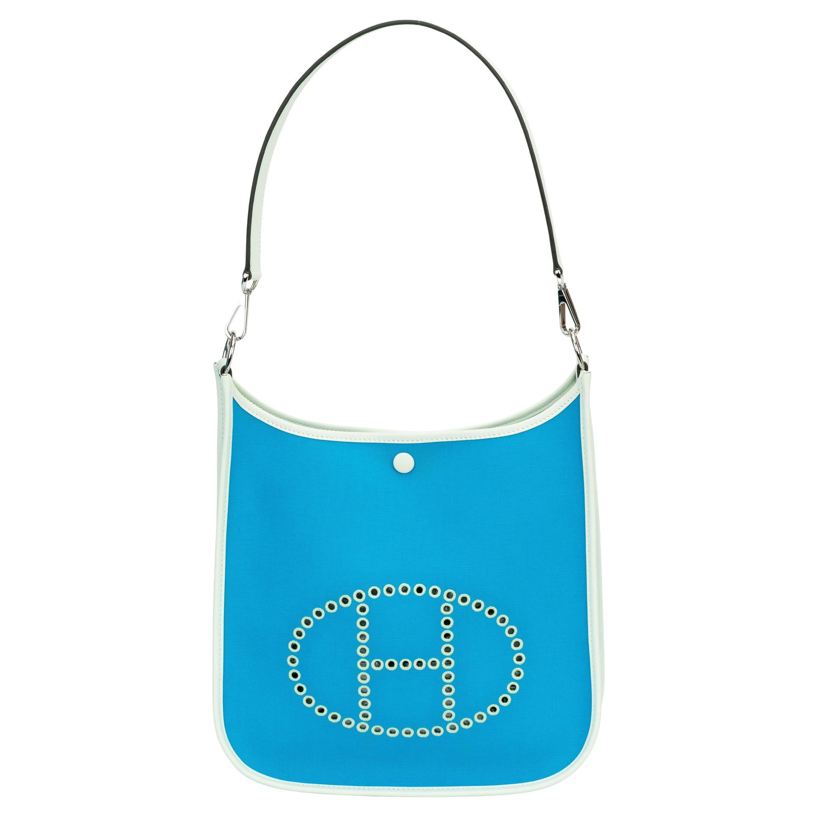 Hermes Neo Evelyne PM Bleu Azteque Limited Edition Bag: Hermes Neo Evelyne PM Bleu Azteque Limited Edition Bag Introducing the Hermes Neo Evelyne PM, a stunning piece crafted in Bleu Azteque Officier canvas combined with Vert Fizz swift leather. This bag s