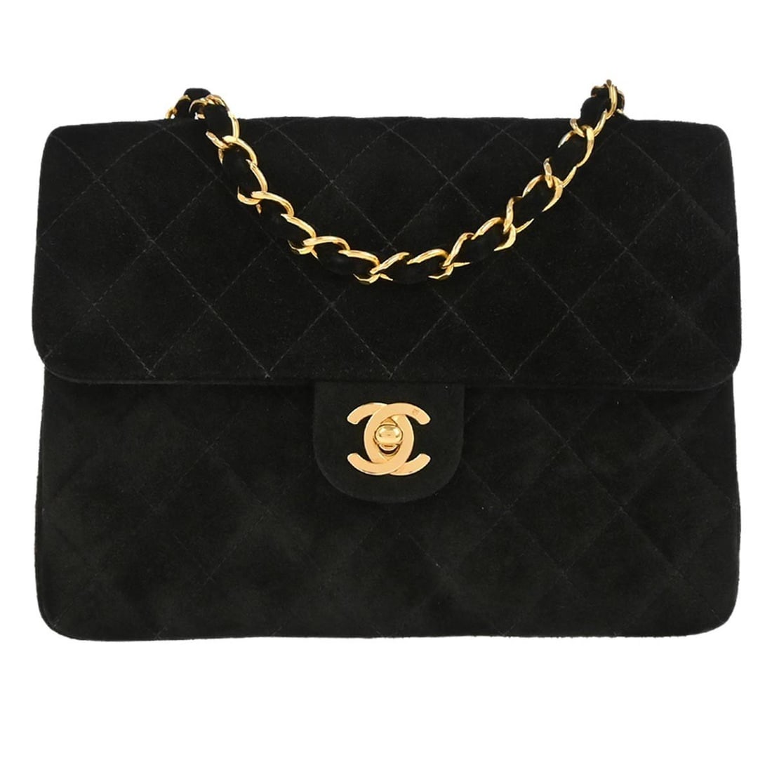 Chanel Classic Square Flap Black Suede Shoulder Bag with Chain Strap: Chanel Classic Square Flap Black Suede Shoulder Bag with Chain Strap This Chanel Classic Square Flap Shoulder Bag features a black suede exterior with a signature matelasse quilted pattern and a flap