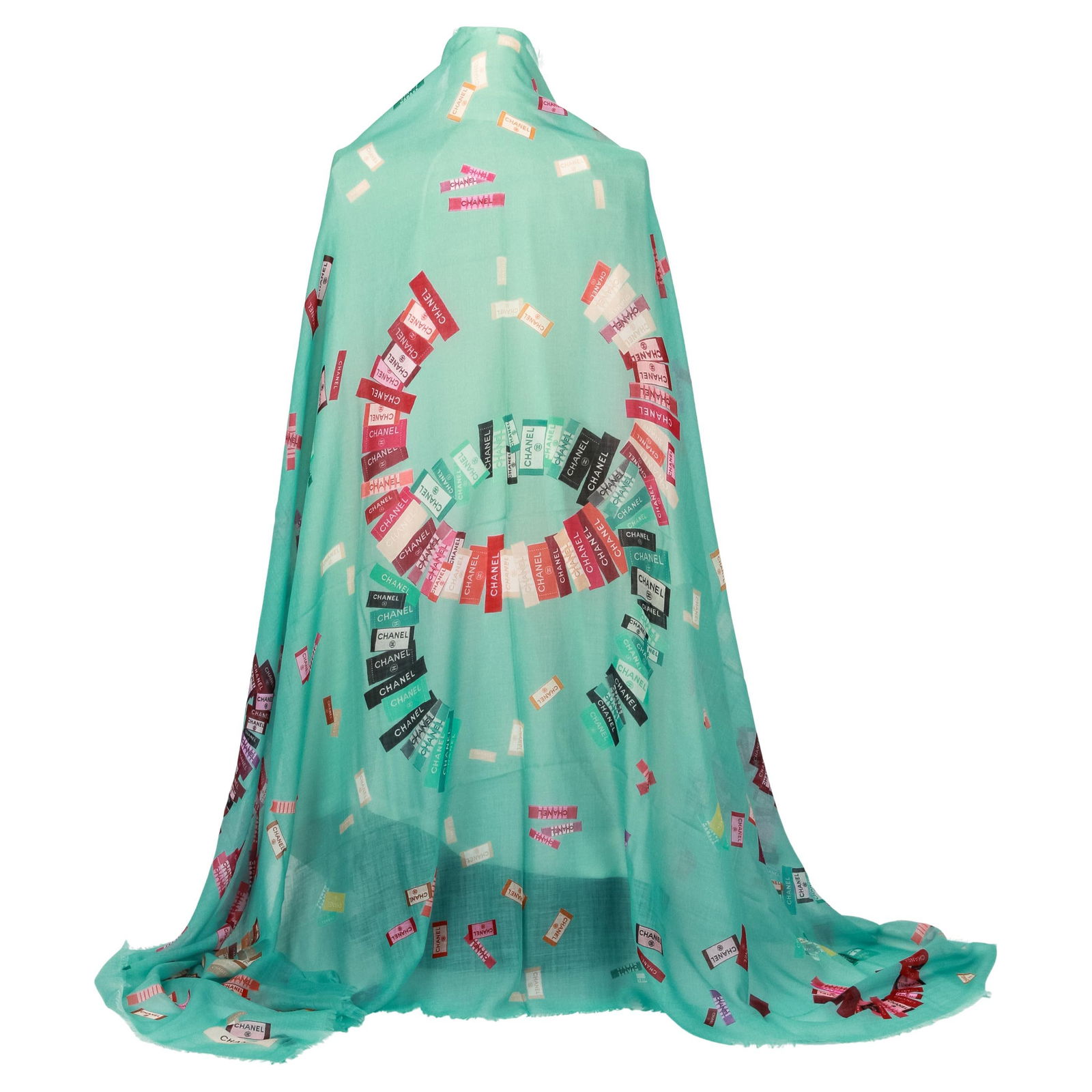 Chanel Teal Cashmere Silk Shawl with Multicolor CC Logo 74": Chanel Teal Cashmere Silk Shawl with Multicolor CC Logo 74" Elevate your accessory collection with this exquisite Chanel Cashmere Silk Shawl. Featuring a stunning teal hue with a multicolor CC logo de