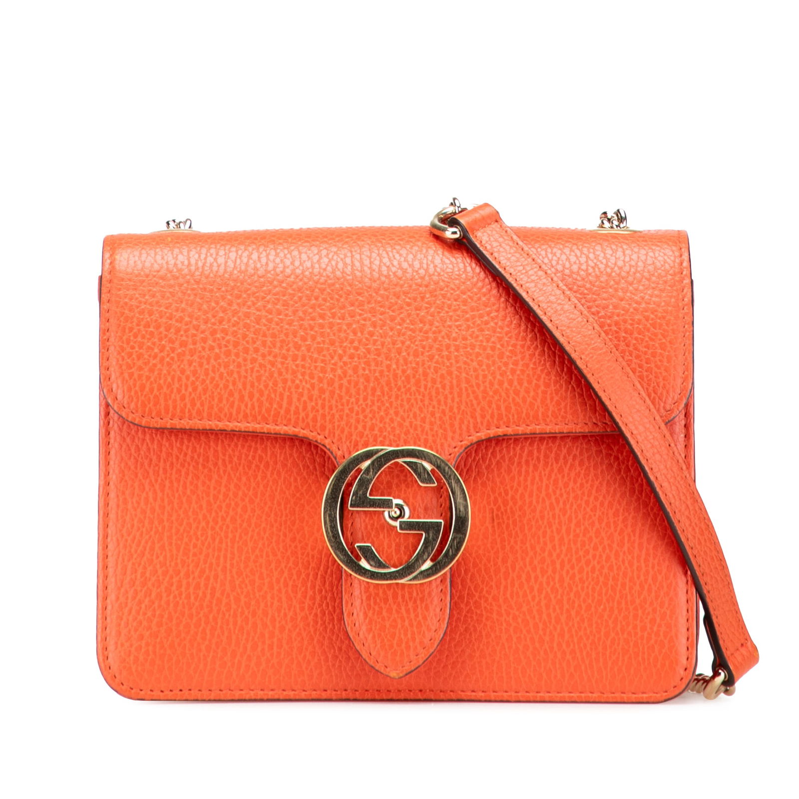 Gucci Orange Small Dollar Calfskin Interlocking G Crossbody Bag: Gucci Orange Small Dollar Calfskin Interlocking G Crossbody Bag This stylish Gucci Small Dollar Calfskin Interlocking G Crossbody bag is crafted from premium leather in a vibrant orange hue. It featur