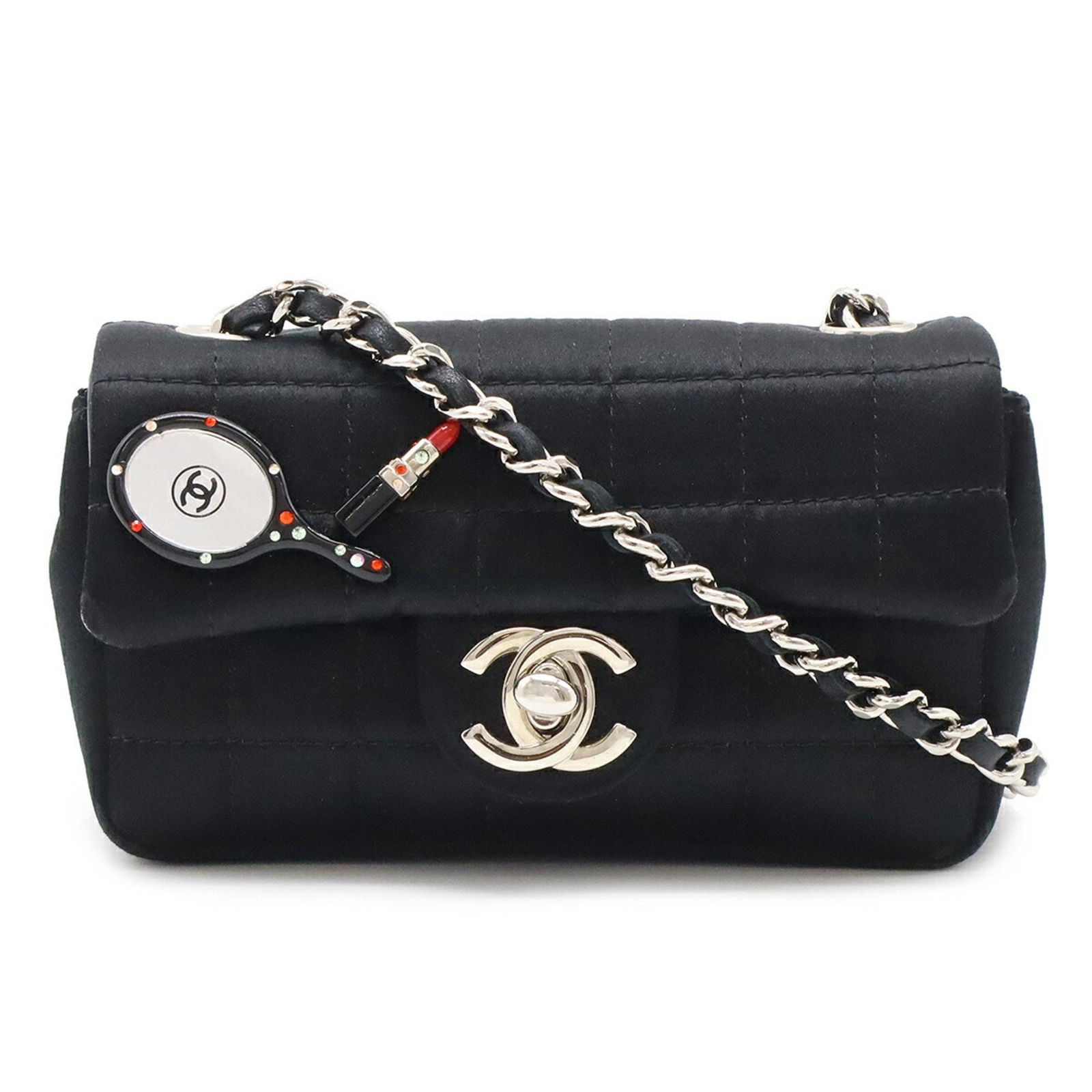 Black Synthetic Chanel Chocolate Bar Shoulder Bag with 123cm Strap: Black Synthetic Chanel Chocolate Bar Shoulder Bag with 123cm Strap This Chanel Chocolate Bar model is a women's handbag crafted from black synthetic material. It features an adjustable strap and is ma