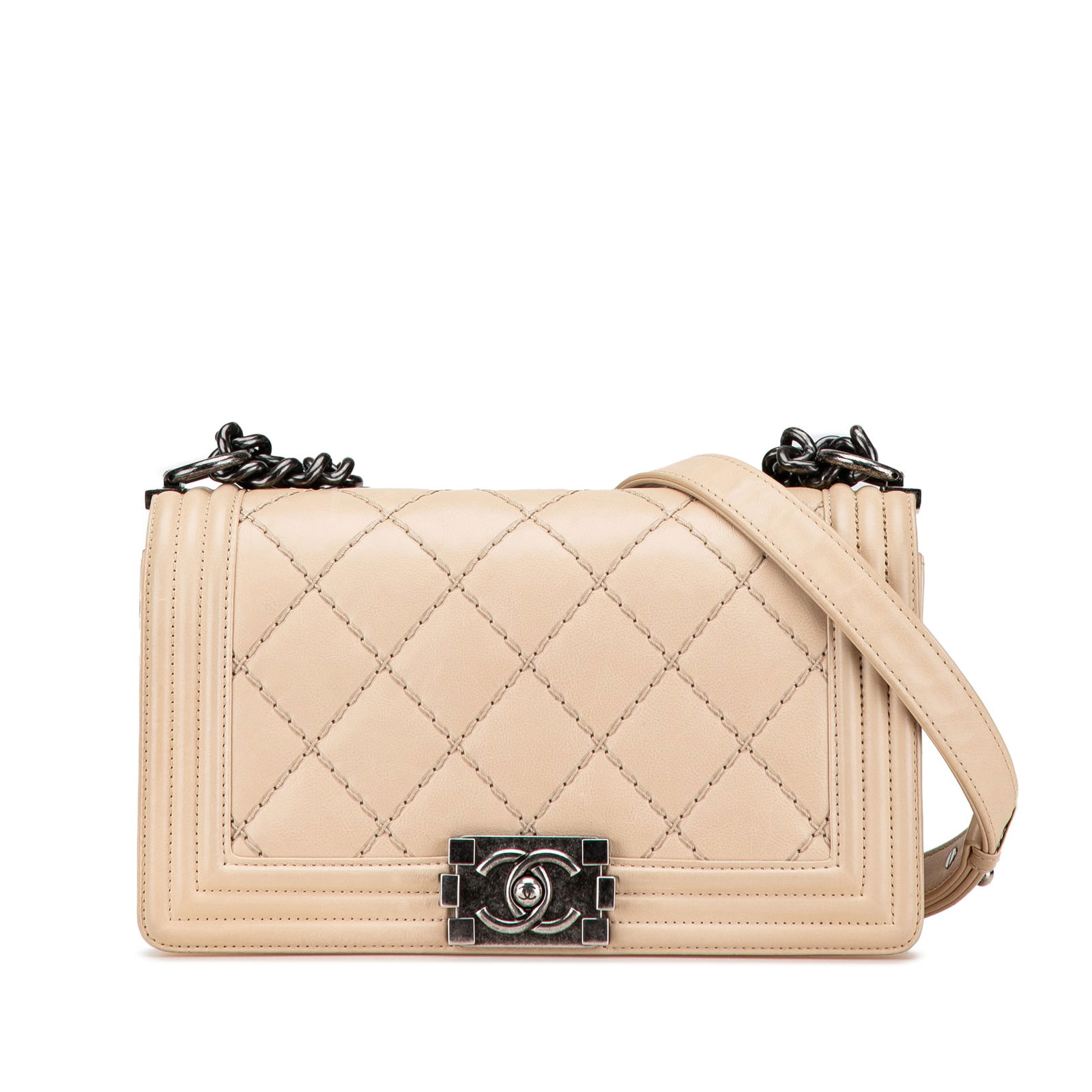 Chanel Old Medium Boy Flap Bag Aged Calfskin Brown Leather: Chanel Old Medium Boy Flap Bag Aged Calfskin Brown Leather This Chanel Old Medium Boy Flap bag is crafted from luxurious quilted aged calfskin leather in a rich brown hue. It features a stylish curb c