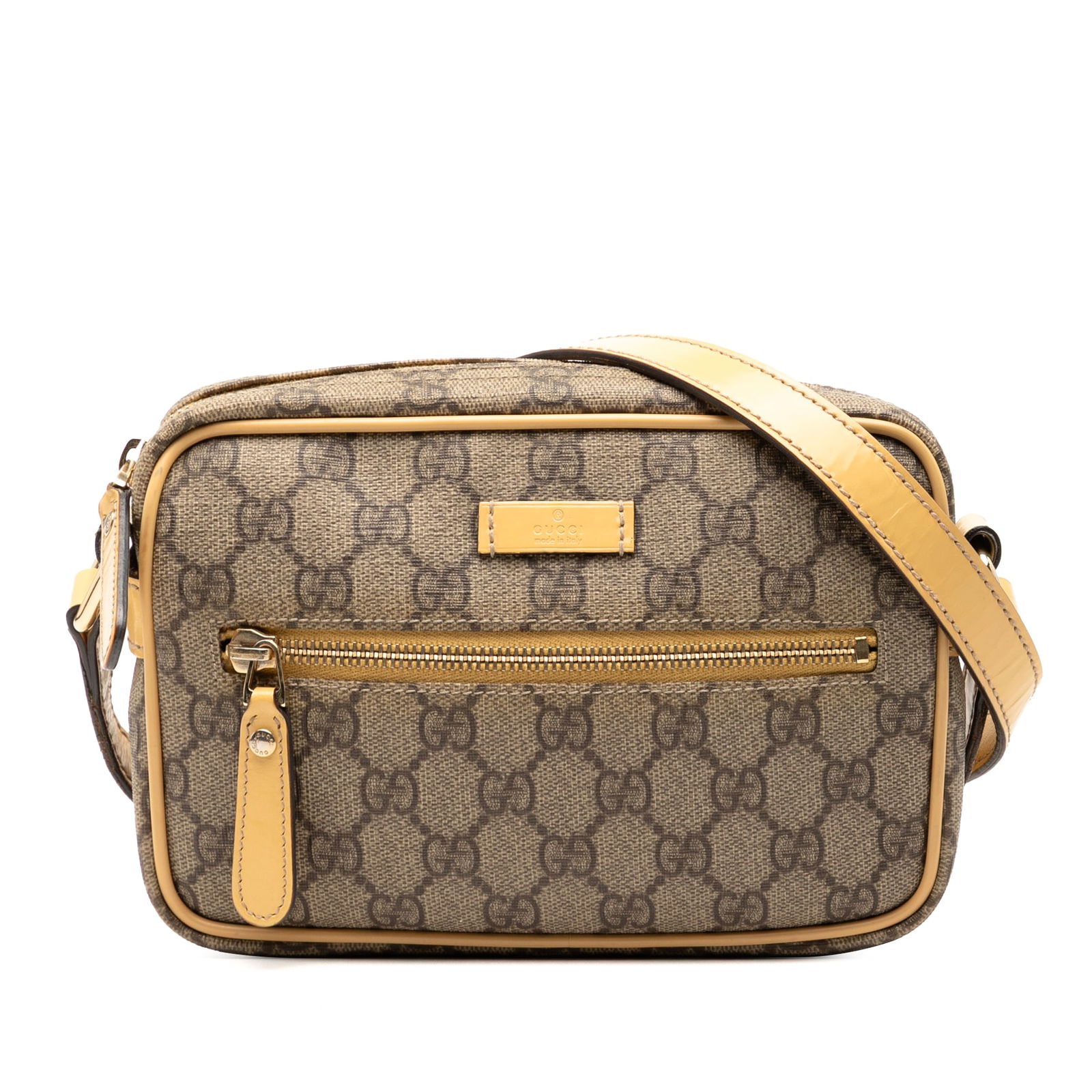 Brown Gucci GG Supreme Coated Canvas Adjustable Crossbody Bag: Brown Gucci GG Supreme Coated Canvas Adjustable Crossbody Bag The Gucci GG Supreme Crossbody bag features a coated canvas body with a brown color, an adjustable leather flat shoulder strap, a top zip