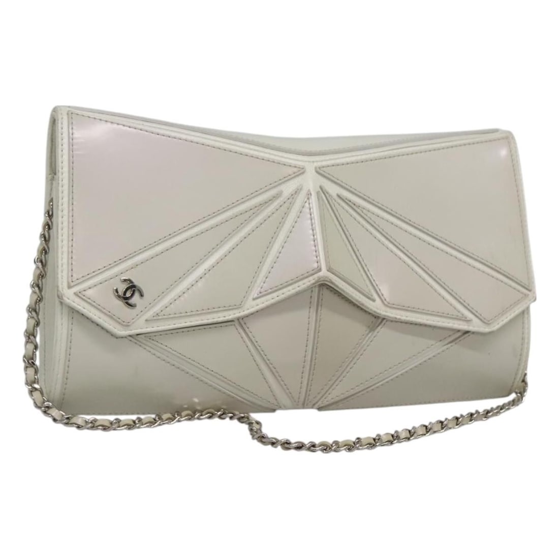 CHANEL Gray Silver Leather Chain Shoulder Bag Auth 127258V (1 of 18)