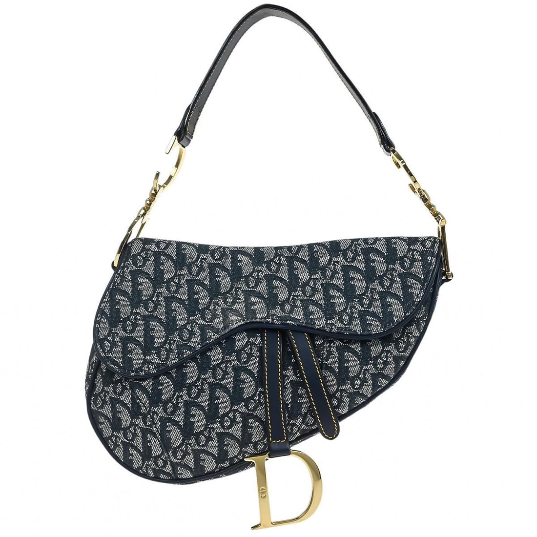 Dior Saddle Canvas and Patent Leather Navy Shoulder Bag RU0040: Dior Saddle Canvas and Patent Leather Navy Shoulder Bag RU0040 This Christian Dior Navy Trotter Saddle Handbag features a medium-sized silhouette crafted from canvas and patent leather with a navy ext