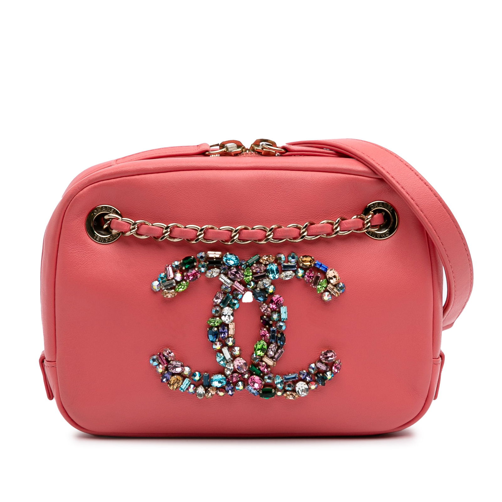 Chanel Pink Lambskin Giant Crystal CC Camera Bag: Chanel Pink Lambskin Giant Crystal CC Camera Bag Elevate your accessory collection with the Chanel Lambskin Giant Crystal CC Camera Bag. This stunning crossbody bag is crafted from luxurious lambskin