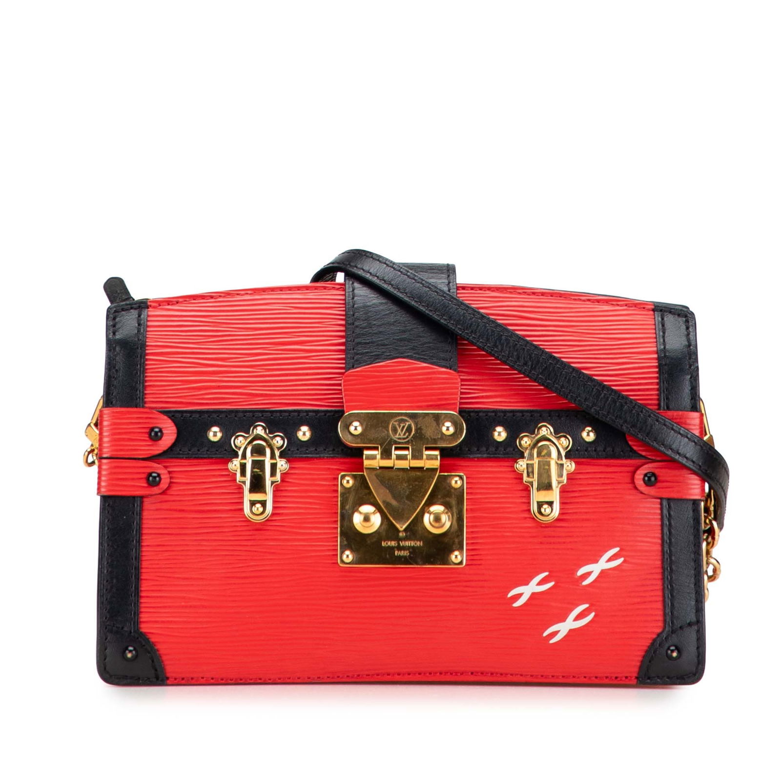Louis Vuitton Epi Trunk Clutch Red Leather with Chain Strap: Louis Vuitton Epi Trunk Clutch Red Leather with Chain Strap The Louis Vuitton Epi Trunk Clutch is a stylish accessory crafted from high-quality epi leather in a striking red color. This clutch feature