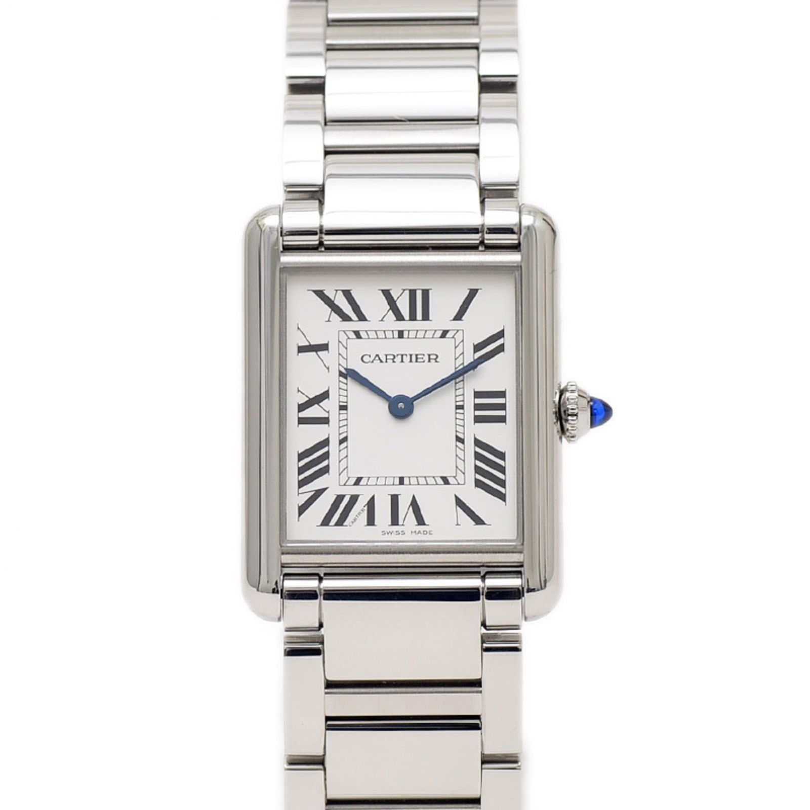 Steel Cartier Tank Women's Watch Silver Dial Swiss Made: Steel Cartier Tank Women's Watch Silver Dial Swiss Made This Cartier Tank watch features a stainless steel case and bracelet in a silver tone, designed for women. The watch has a rectangular dial and
