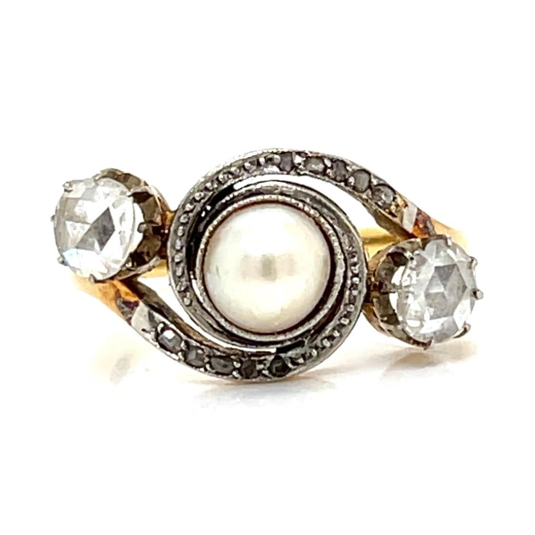 Diamond and Natural Pearl Ring in 18K Yellow Gold and Platinum Antique (1 of 5)