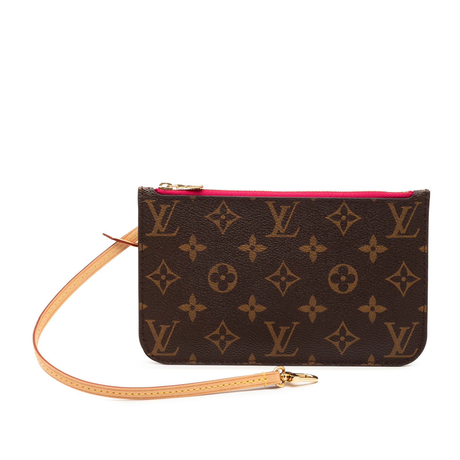 Monogram Canvas Wristlet Pouch by Louis Vuitton Neverfull: Monogram Canvas Wristlet Pouch by Louis Vuitton Neverfull This Louis Vuitton Monogram Neverfull Pouch features a monogram canvas body with a flat vachetta leather wrist strap, a top zip closure, and a