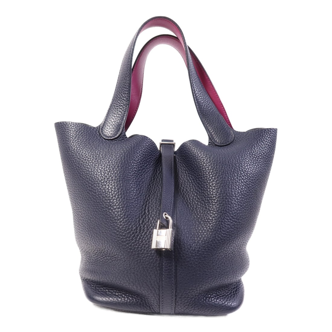 Hermes Picotin MM Togo Leather Handbag in Bleu Nuit and Rose Pourpre: Hermes Picotin MM Togo Leather Handbag in Bleu Nuit and Rose Pourpre This Hermes Picotin MM handbag is crafted from Togo calfskin leather in a Bleu Nuit and Rose Pourpre color combination. It features