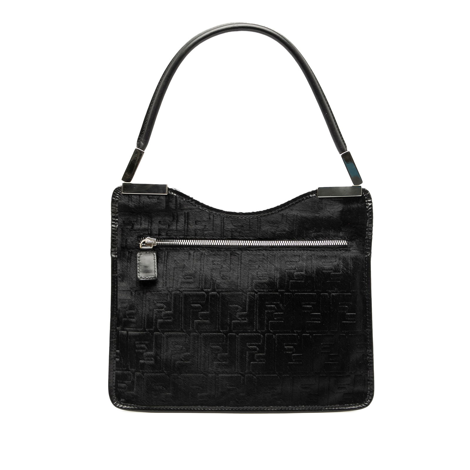 Fendi Zucca Black Pony Hair Shoulder Bag Italy: Fendi Zucca Black Pony Hair Shoulder Bag Italy This stylish Fendi Zucca Pony Hair Shoulder Bag showcases a luxurious pony hair body complemented by leather trim. It features a flat leather strap for c
