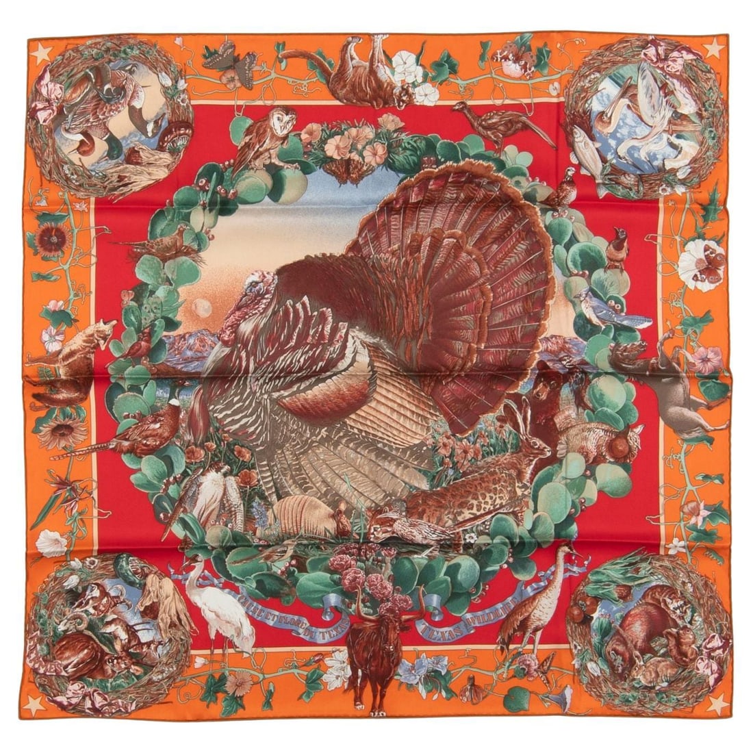 Hermes Faune Et Flore du Texas Silk Scarf 70cm Orange: Hermes Faune Et Flore du Texas Silk Scarf 70cm Orange Discover the exquisite Hermes Silk Scarf featuring the stunning Faune Et Flore du Texas Wildlife motif in vibrant orange. Measuring 70 cm with han