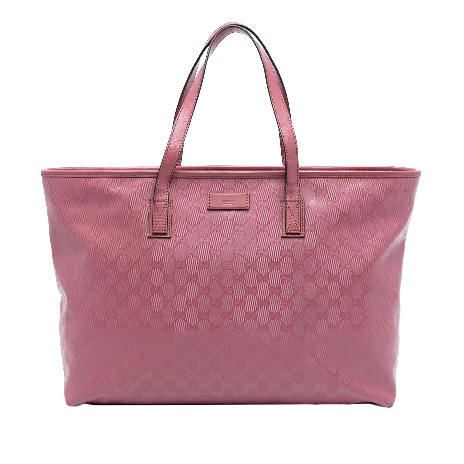 Pink Gucci GG Imprime Large Tote Bag with Leather Trim: Pink Gucci GG Imprime Large Tote Bag with Leather Trim This Gucci Large GG Imprime Tote features a coated canvas body with leather trim, flat leather handles, a top zip closure, and interior zip and s