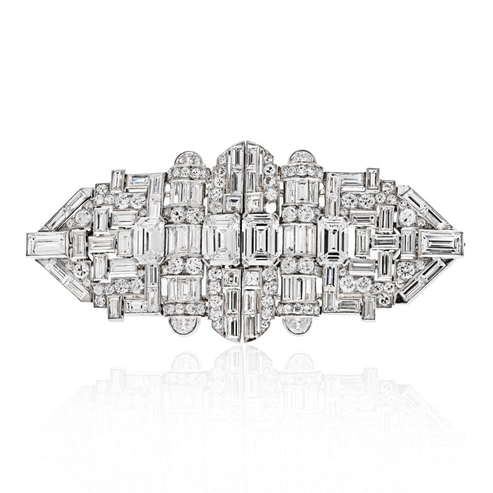 Art Deco Platinum Diamond Double Clip Brooch 12.49 Cts GIA Certified (1 of 4)