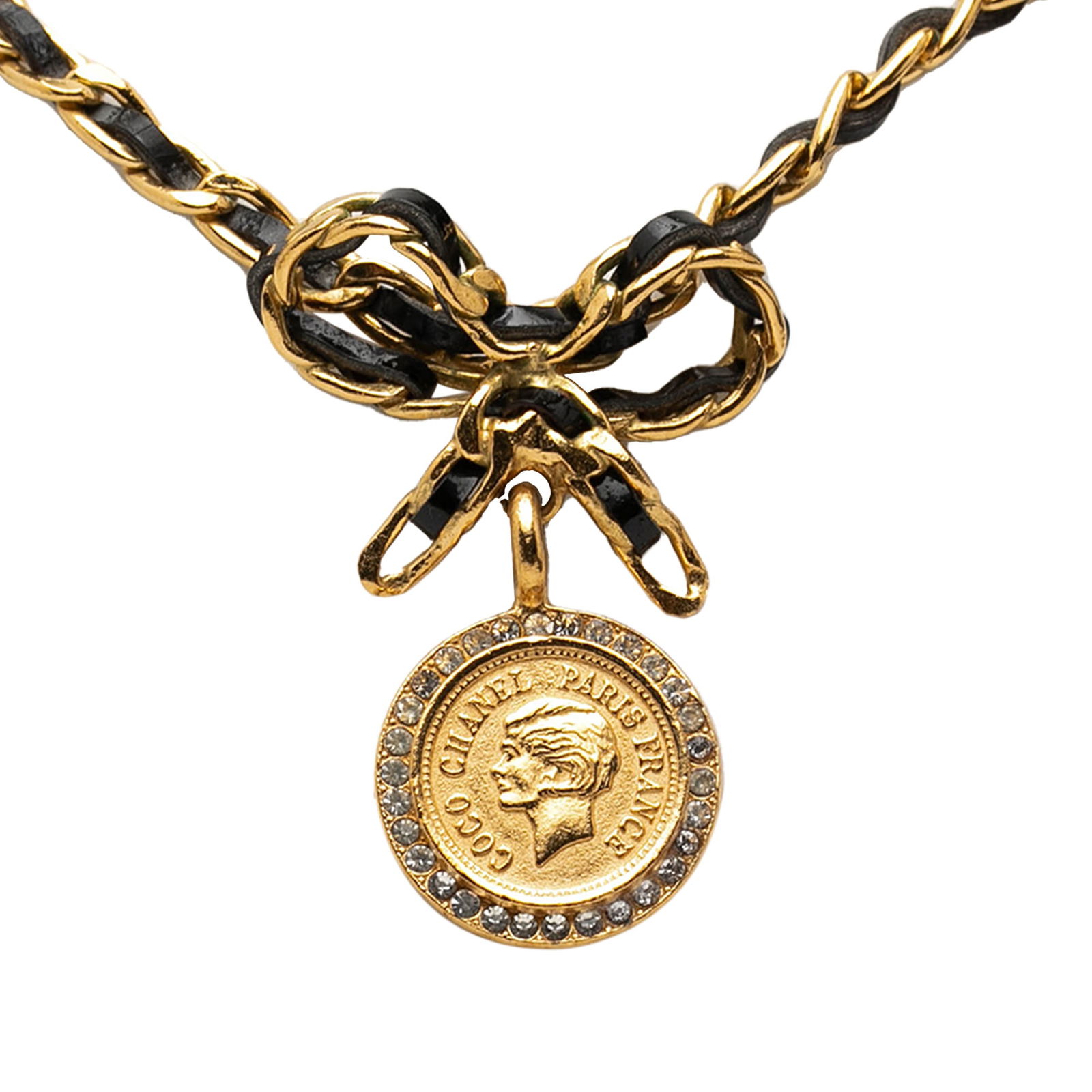 Chanel Medallion Bow Pendant Necklace with Leather Woven Chain and Gold Plating (1 of 5)