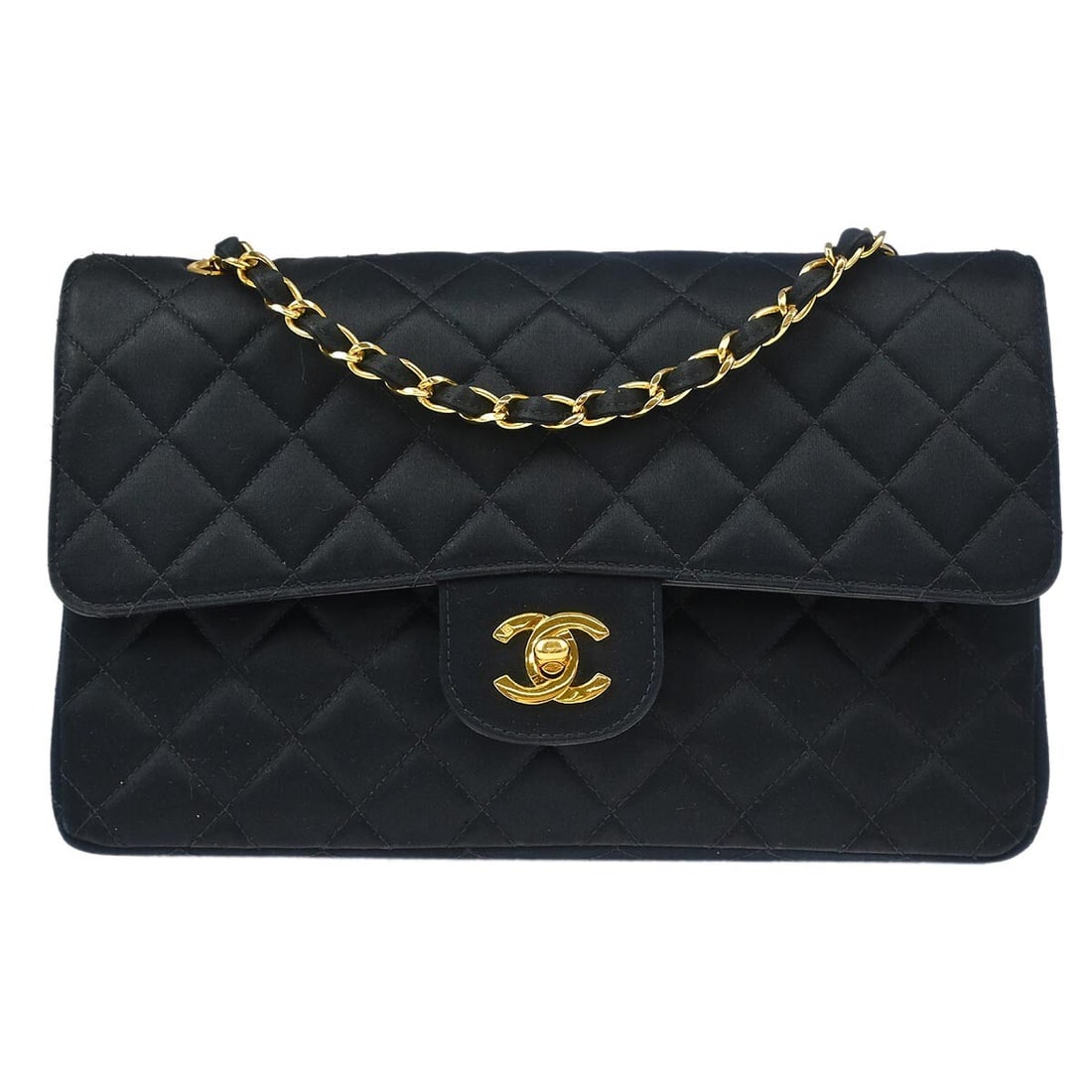 Chanel Classic Double Flap Black Satin Shoulder Bag: Chanel Classic Double Flap Black Satin Shoulder Bag Introducing the Chanel Black Satin Medium Double Flap Shoulder Bag, a timeless piece that exemplifies luxury and sophistication. This medium-sized s