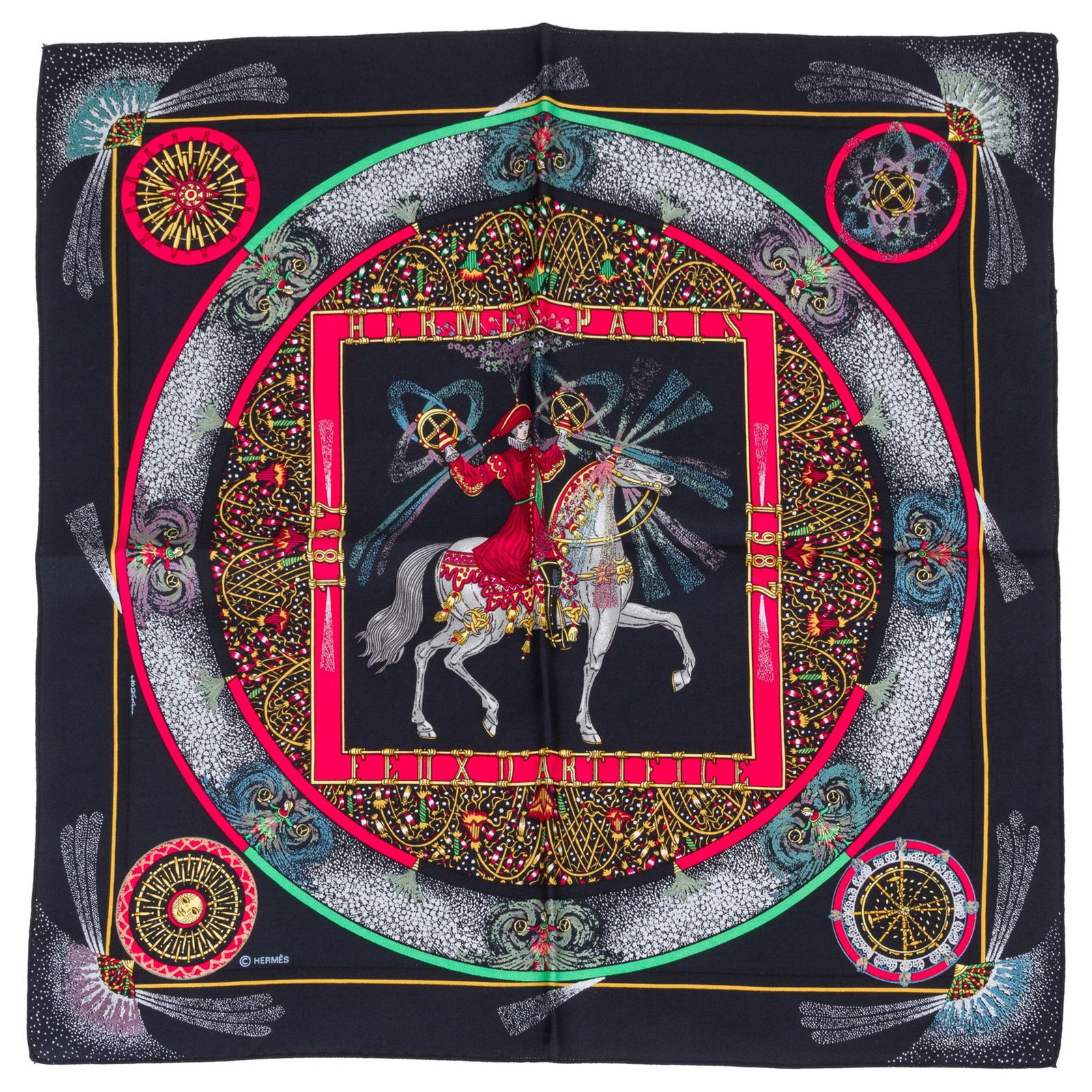 Hermes Feux d'Artifice Black Silk Twill Pochette Scarf 16.5": Hermes Feux d'Artifice Black Silk Twill Pochette Scarf 16.5" Elevate your accessory collection with the Hermes Feux d'Artifice Pochette, a stunning black silk twill scarf. This exquisite piece feature