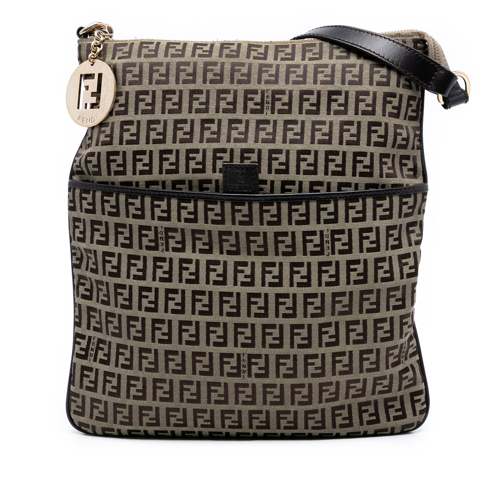 Fendi Zucchino Canvas Brown Crossbody Bag Italy: Fendi Zucchino Canvas Brown Crossbody Bag Italy This Fendi Zucchino Canvas Crossbody bag showcases a stylish canvas body adorned with leather trim. It features an adjustable flat leather strap for con