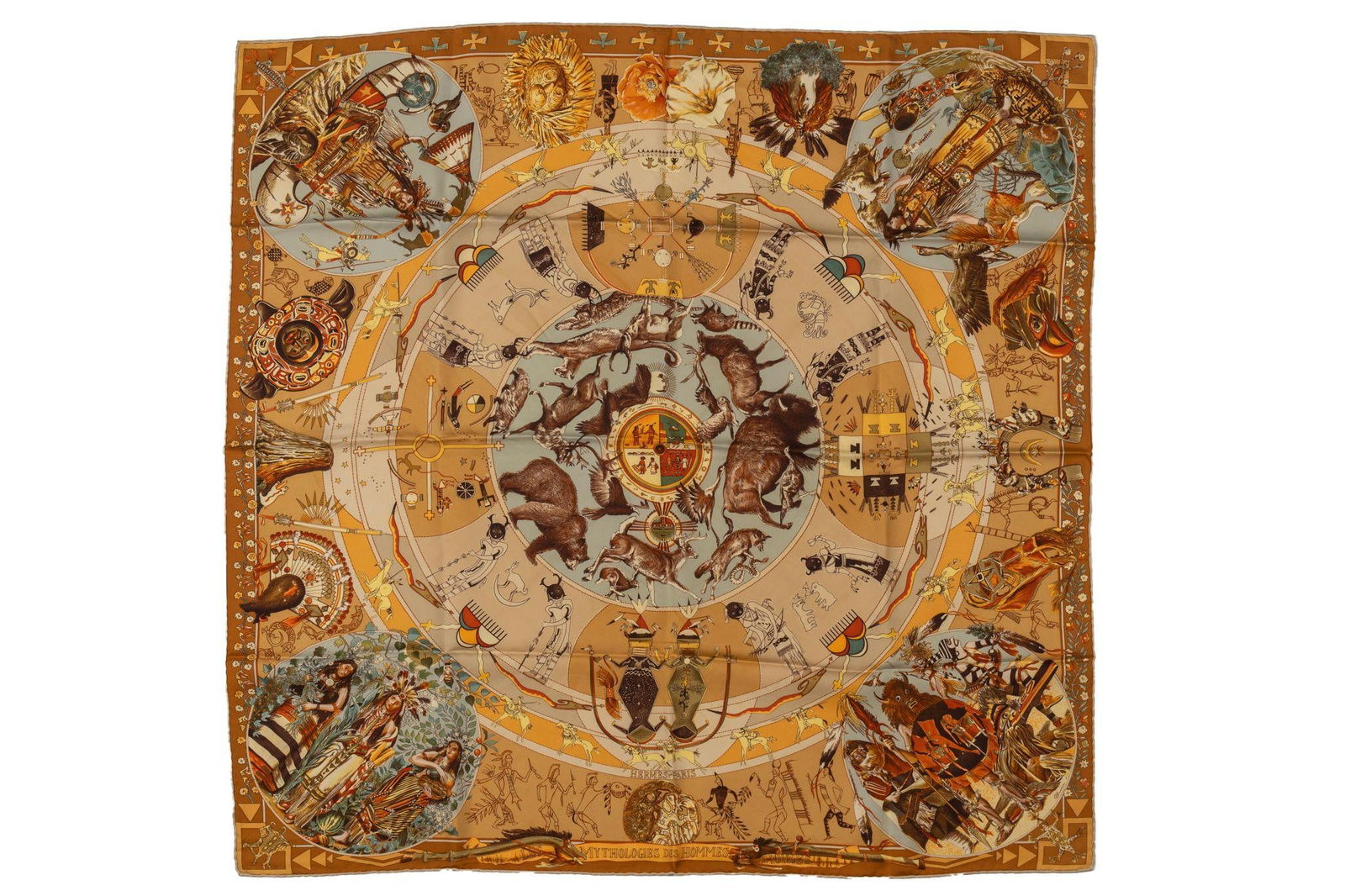 Hermes Mythologies Oliver Scarf by Kermit Oliver 35in Silk: Hermes Mythologies Oliver Scarf by Kermit Oliver 35in Silk Elevate your accessory collection with this exquisite Hermes Mythologies Oliver Scarf, designed by Kermit Oliver. This luxurious silk scarf f