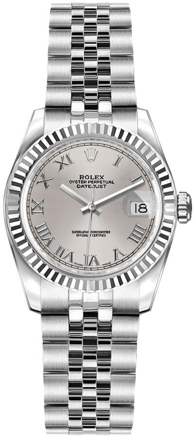Rolex Datejust 69174 Ladies Silver Roman Dial Jubilee Bracelet 1997 with Papers: Rolex Datejust 69174 Ladies Silver Roman Dial Jubilee Bracelet 1997 with Papers This ladies Rolex Datejust features a silver Roman numeral dial, a fluted bezel, and is presented on a Jubilee bracelet.