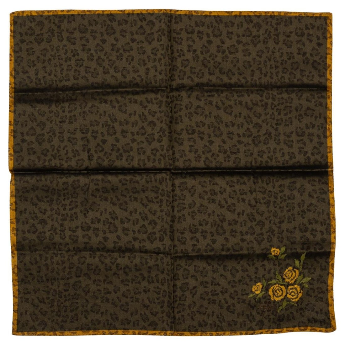 Fendi Cheetah Print Cotton Gavroche with Yellow Flowers: Fendi Cheetah Print Cotton Gavroche with Yellow Flowers Introducing the Fendi New Cheetah Flower Cotton Gavroche, a stylish accessory that combines contemporary design with vibrant patterns. This uniq