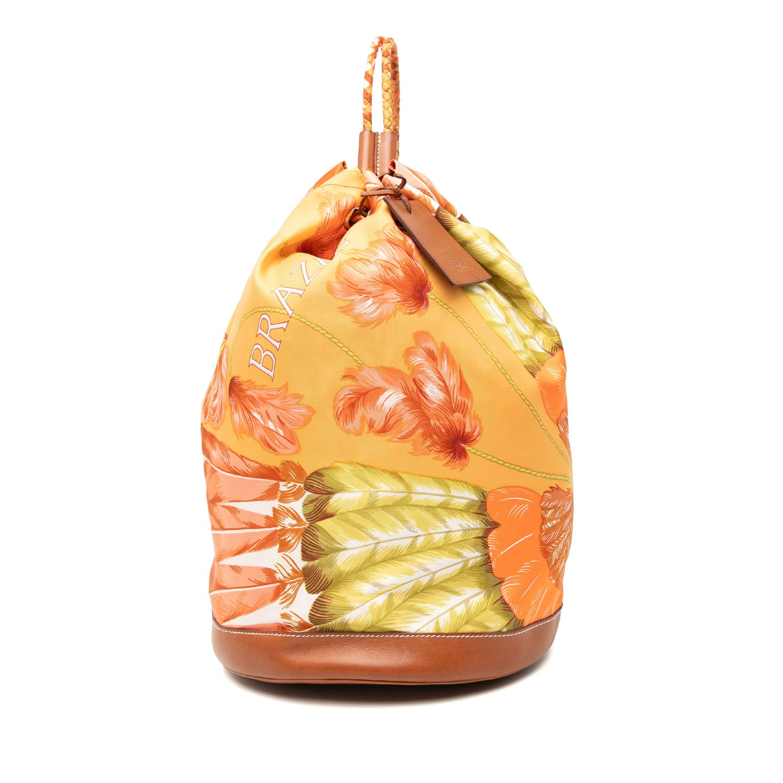 Hermes Sac Soie Cool 22 Silk Flamingo Party Bucket Bag with Leather Trim: Hermes Sac Soie Cool 22 Silk Flamingo Party Bucket Bag with Leather Trim This Hermes Silk Flamingo Party Sac Soie Cool 22 is a bucket bag crafted with a silk body featuring leather trim and braided sh