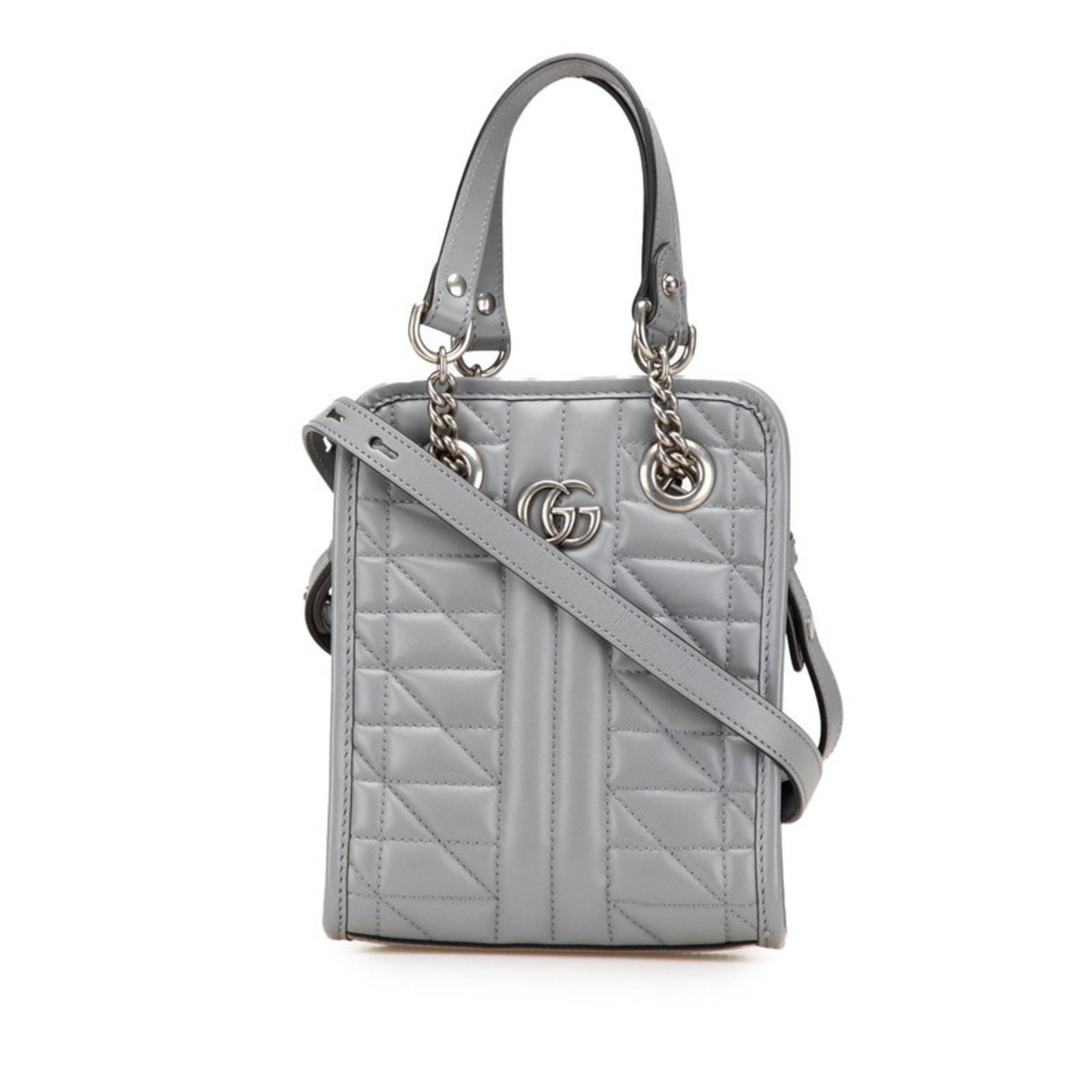Grey Leather GG Marmont Shoulder Bag by Gucci Italy: Grey Leather GG Marmont Shoulder Bag by Gucci Italy This Gucci GG Marmont bag is crafted from grey leather and features a compact, structured silhouette. Designed for women, it offers both style and p