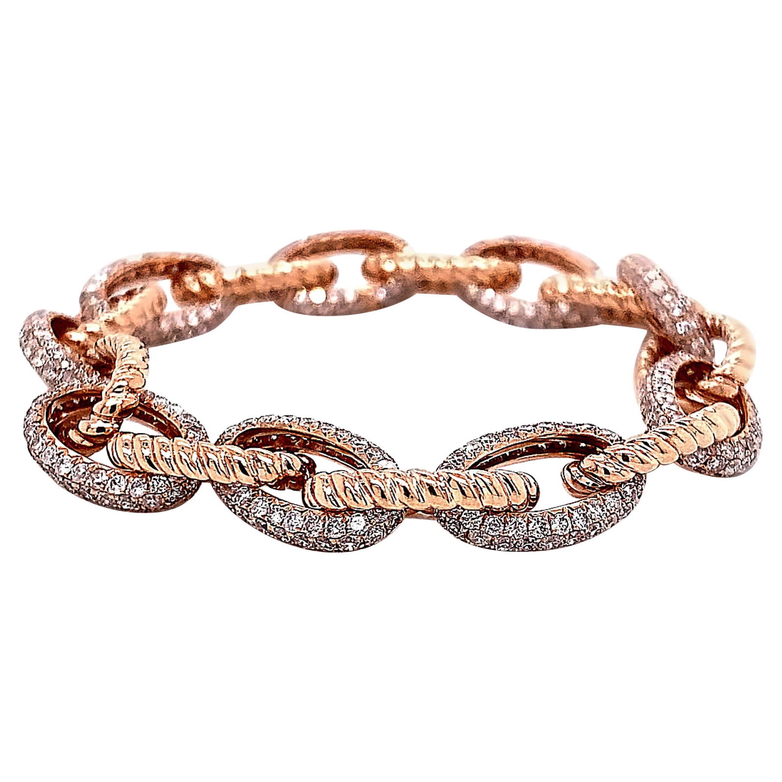 6.86ct Diamond Link Bracelet in 14k Rose Gold: 6.86ct Diamond Link Bracelet in 14k Rose Gold This stunning diamond link bracelet features a total of 6.86 carats of exquisite round cut diamonds, set in luxurious 14k rose gold. With a contemporary s